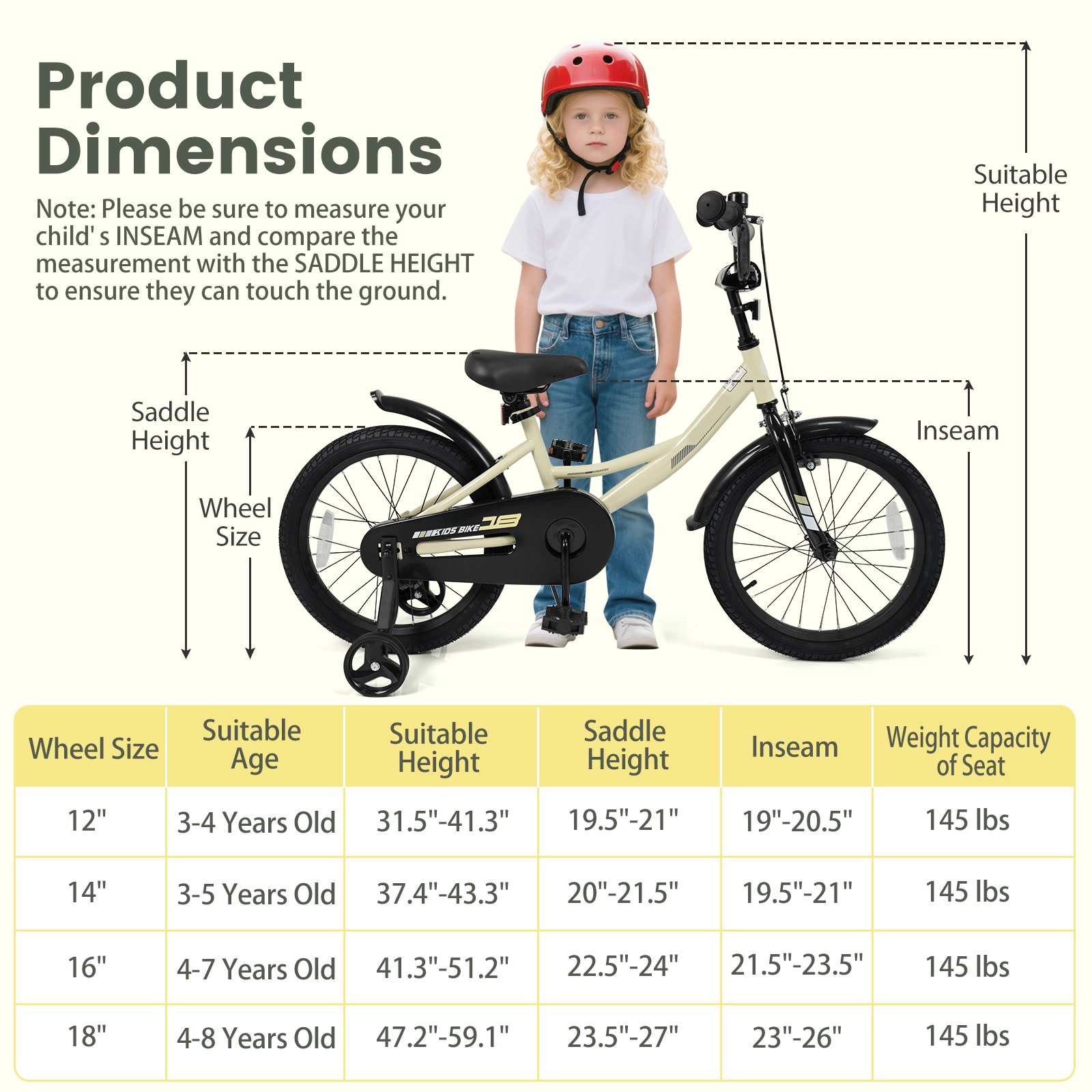 SUGIFT Adjustable Kids Sport Bicycle with Removable Training Wheels 145-lb Capacity Ages 4-8 Beige/Black/Blue/Pink