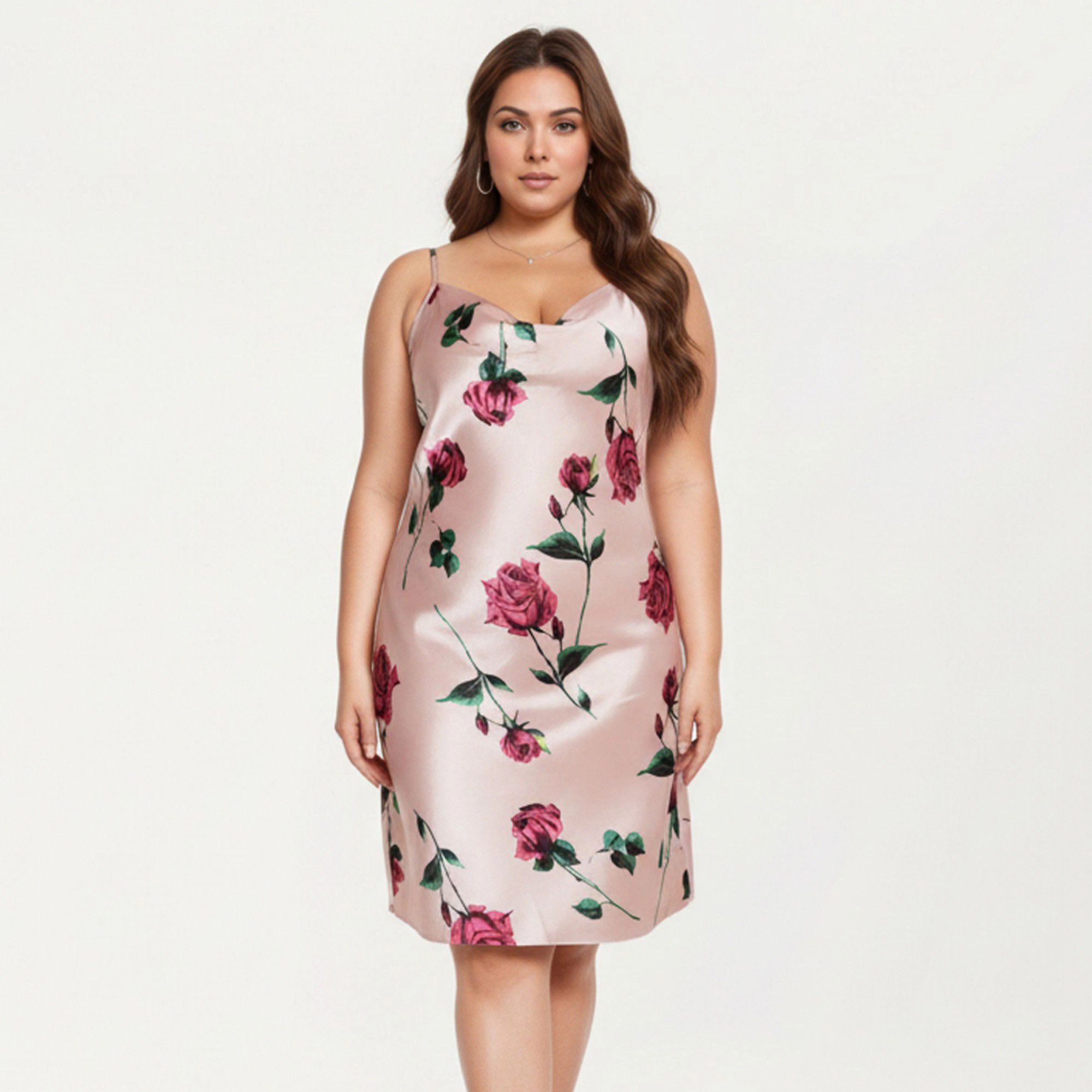 Anna-Kaci Women's Satin Slip Dress Floral Rose Pattern Draped Neckline Sheen Fabric and Soft Body-Skimming Silhouette