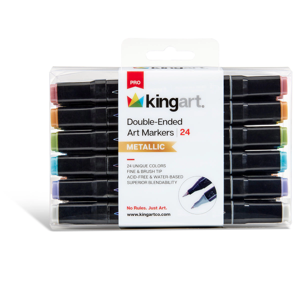 KINGART PRO Double-Ended Metallic Markers - 24 Metallic Colors, Brush and Fine Tip