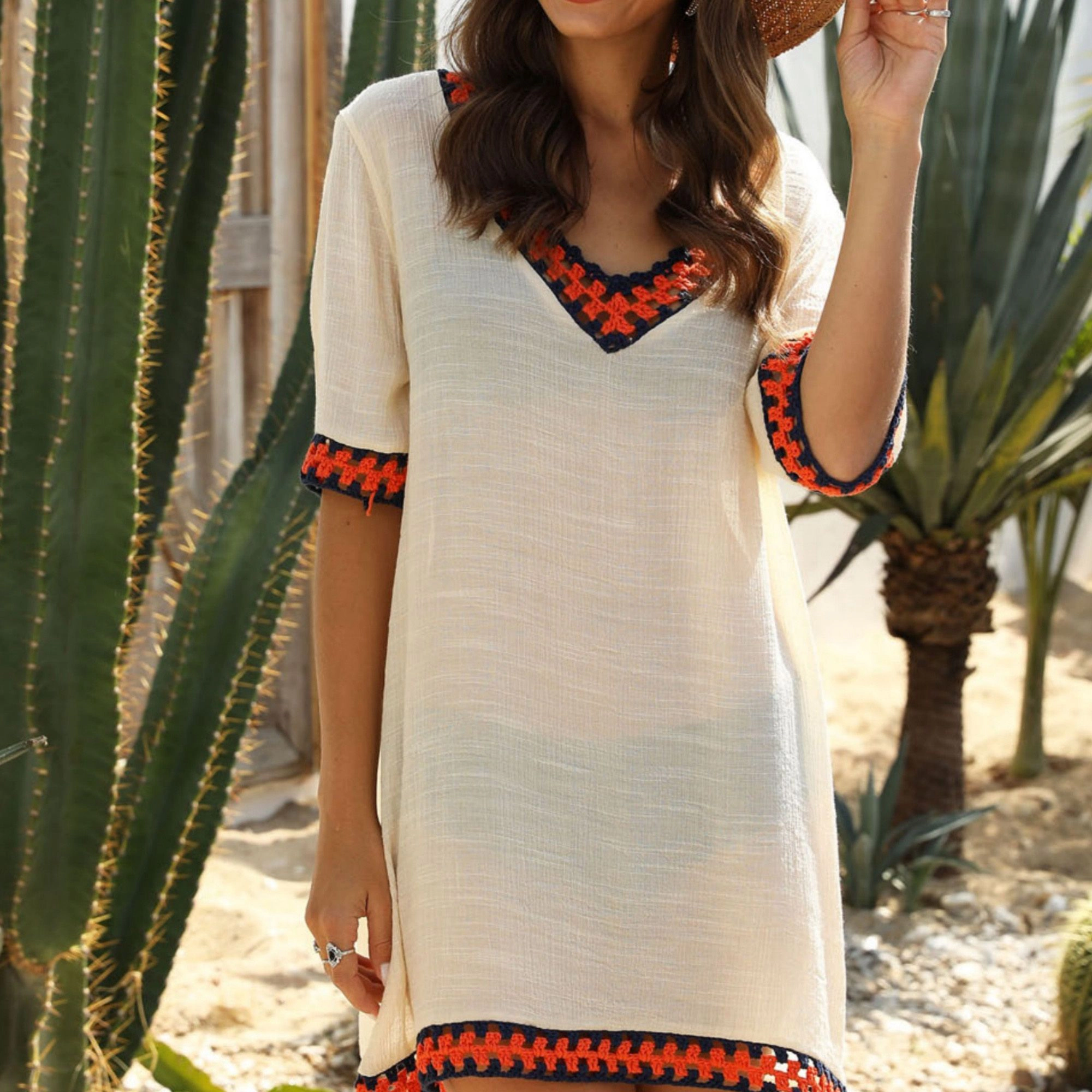Anna-Kaci Women's Woven Crochet Trim Off-Shoulder Beach Cover-Up Dress