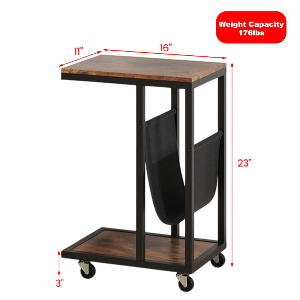 Hivvago Modern C-Shaped Side Table with Metal Frame and Fabric Storage Holder