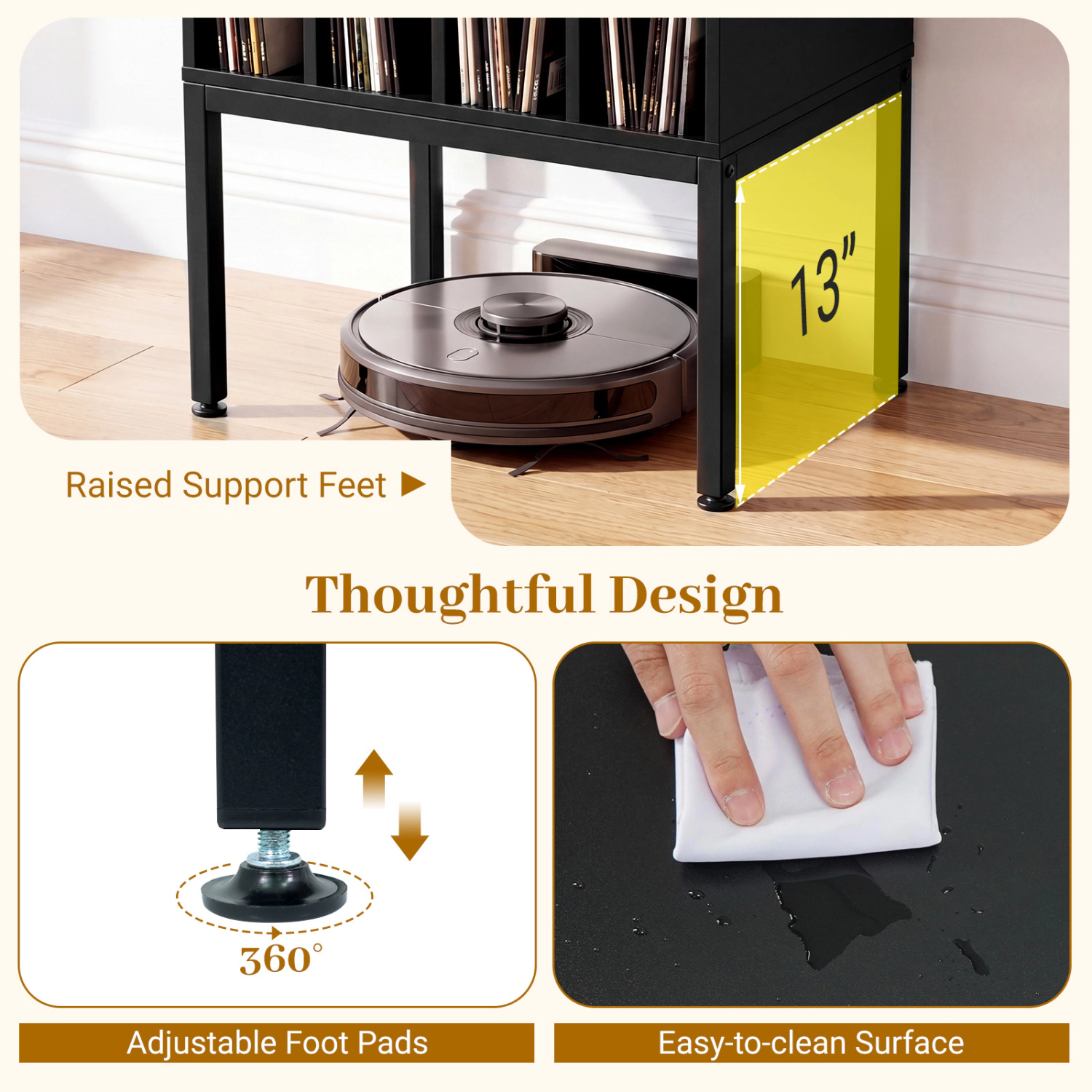 Glintex Tall Turntable Stand with Record Compartments and 13-Inch Raised Legs