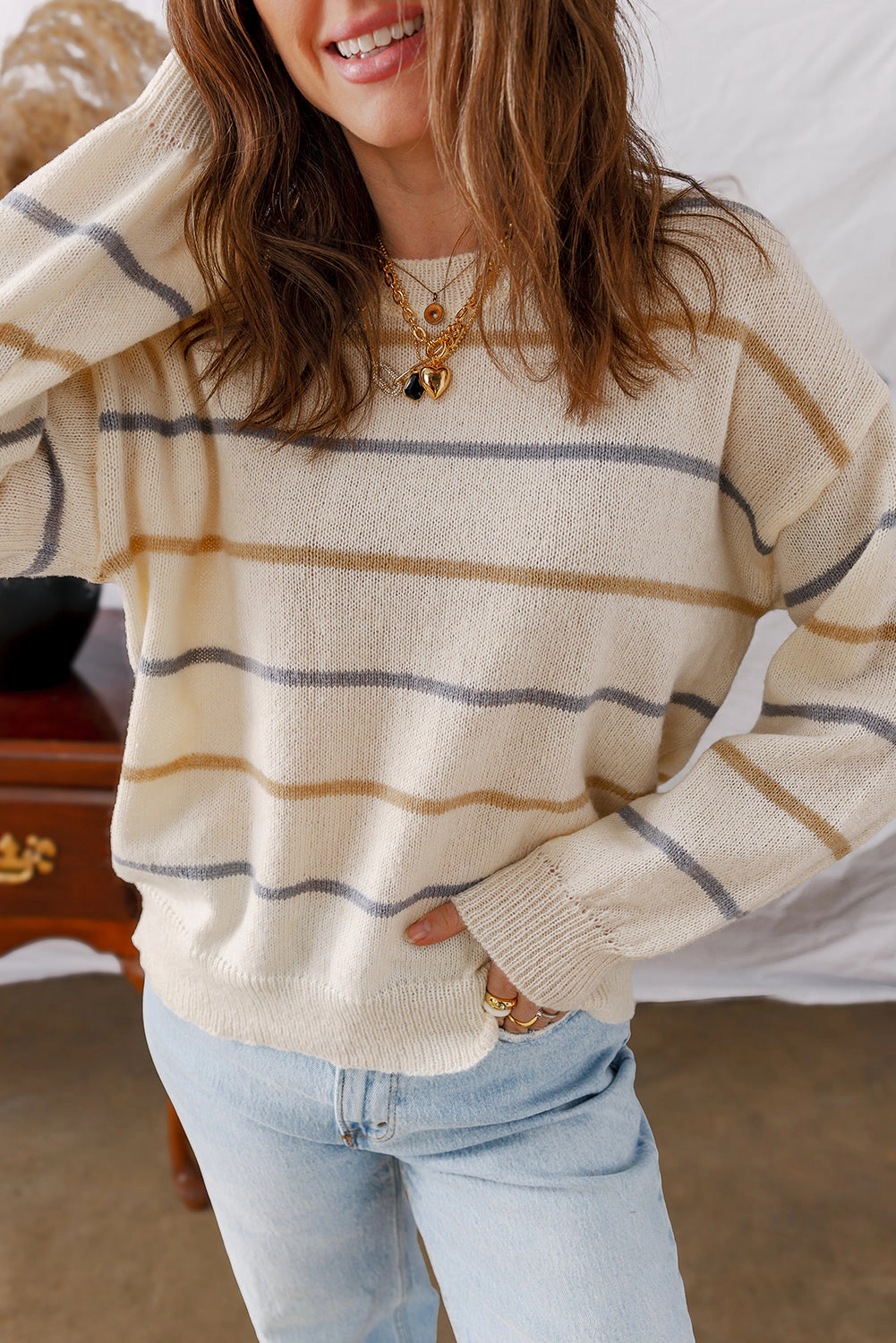 Threaded Pear Women's Eden Striped Ribbed Edge Drop Shoulder Sweater