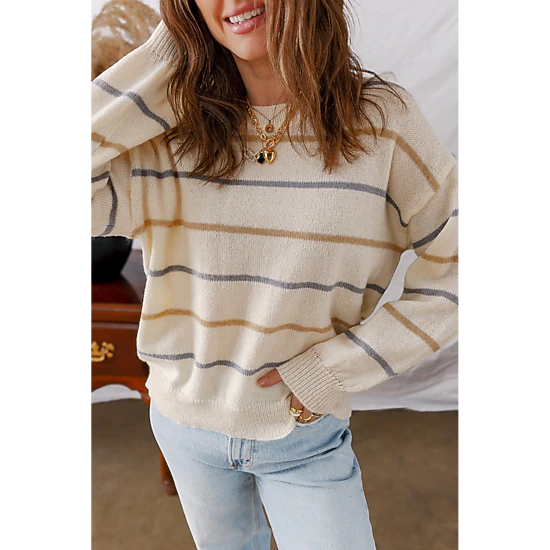 Threaded Pear Women's Eden Striped Ribbed Edge Drop Shoulder Sweater