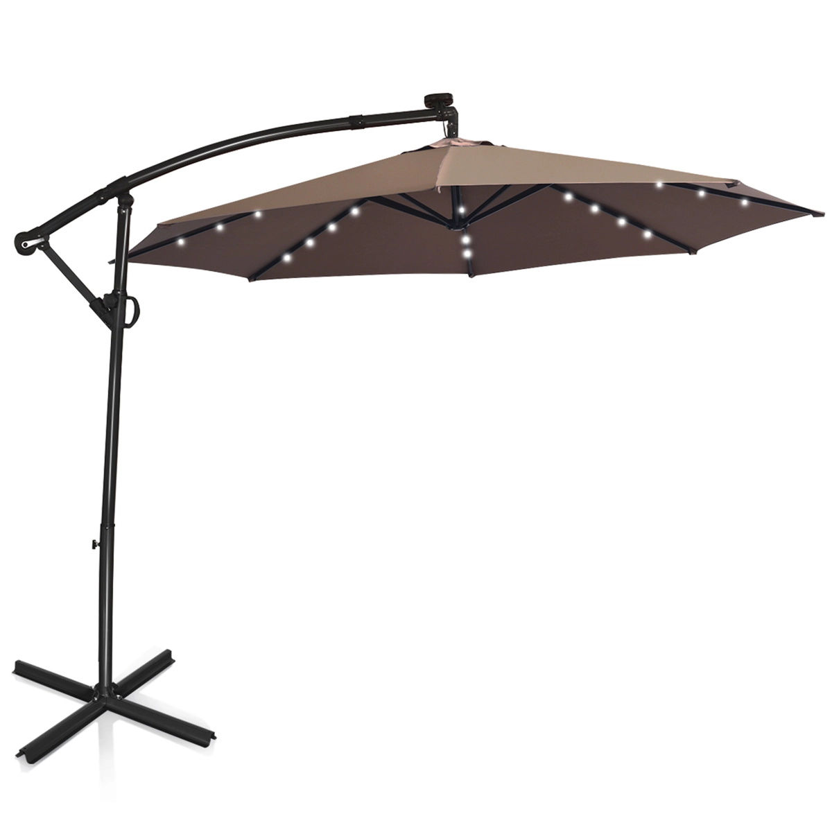 SUGIFT 10-ft Tan Offset Hanging Patio Umbrella with 8 Ribs Vented Canopy and Solar LED Lighting for Pool