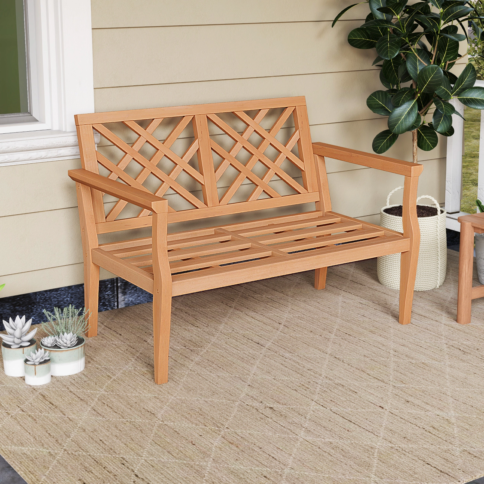 SUGIFT Lattice Backrest and Armrests 2-Person 52 Inch Outdoor Teak Wood Garden Bench