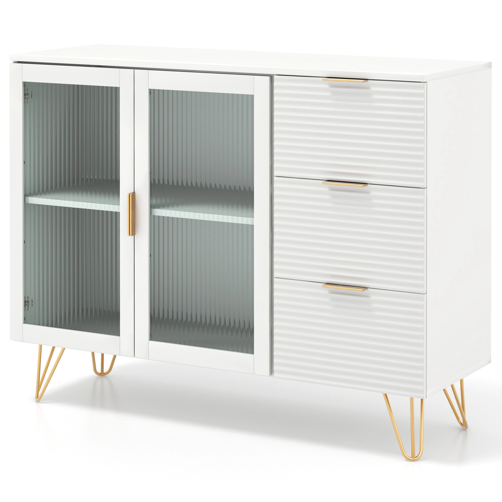 SUGIFT 42.5-in Sideboard Buffet Cabinet with 2 Doors 3 Drawers 300-lb Capacity for Living Room Dining Room White Gold