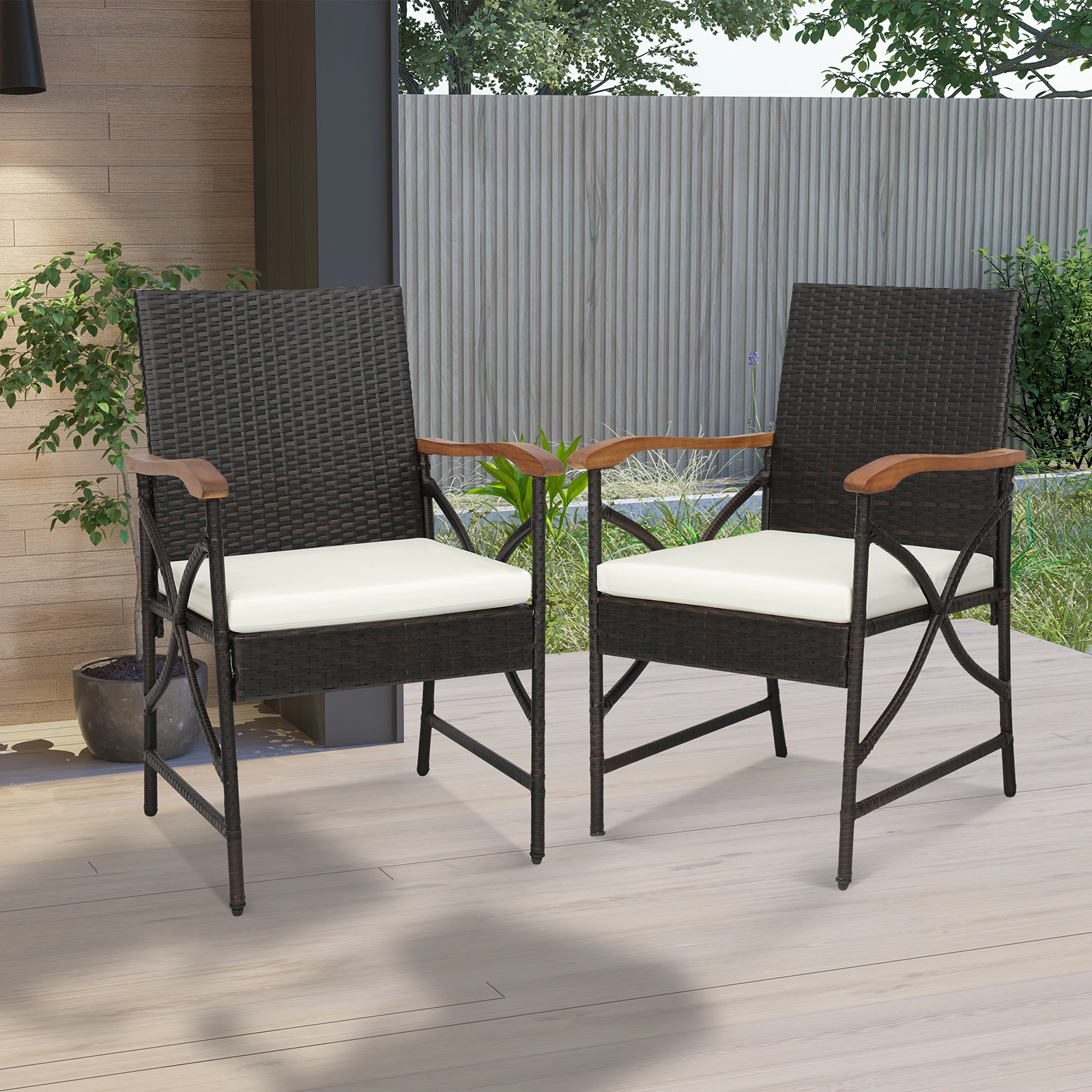 SUGIFT Hand-Woven Patio Wicker Dining Chairs with Soft Zippered Cushion 400-lb Capacity Mix Brown and Off White Set of 2
