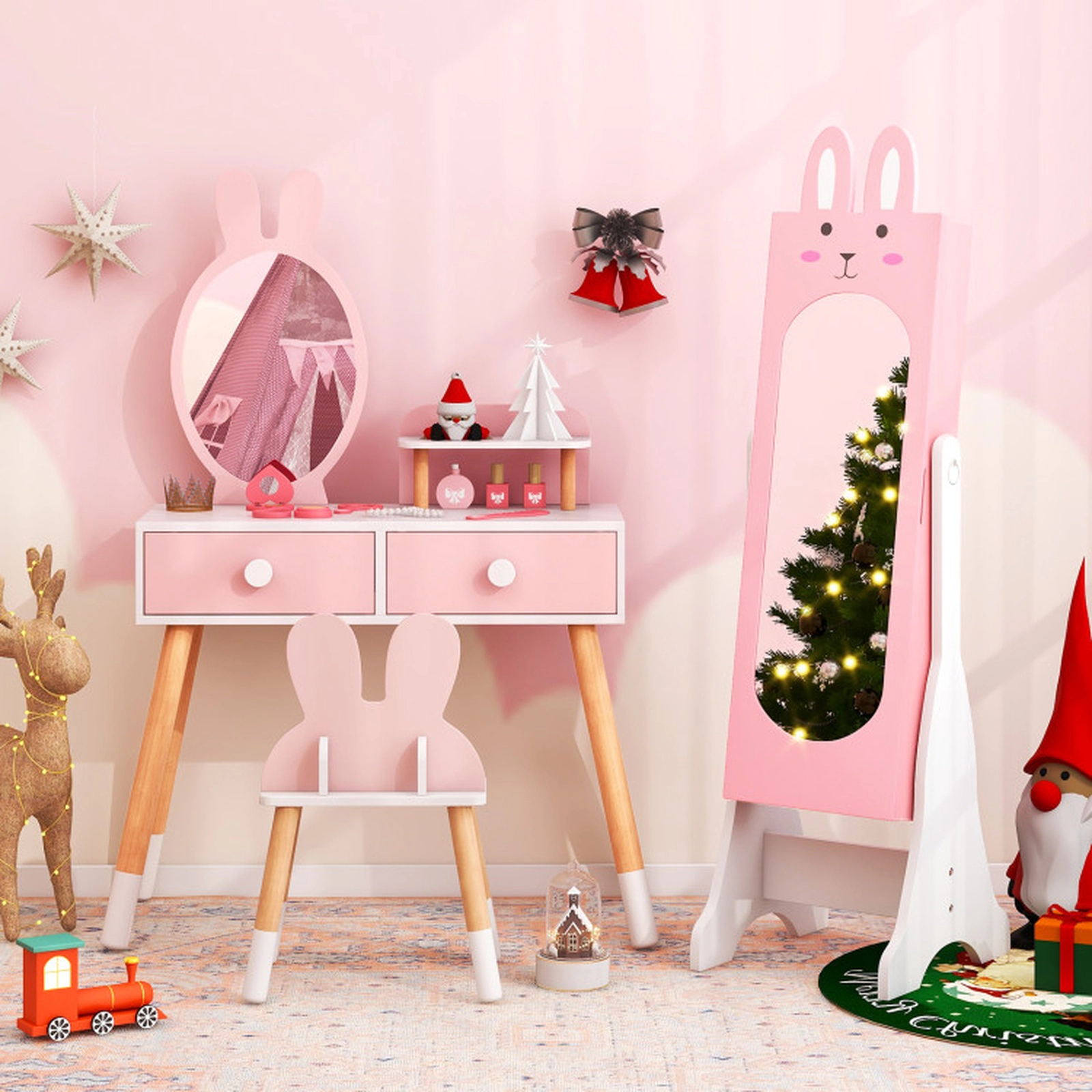 SUGIFT Pink Princess Vanity Table Chair and Jewelry Armoire Kids Room Furniture Set