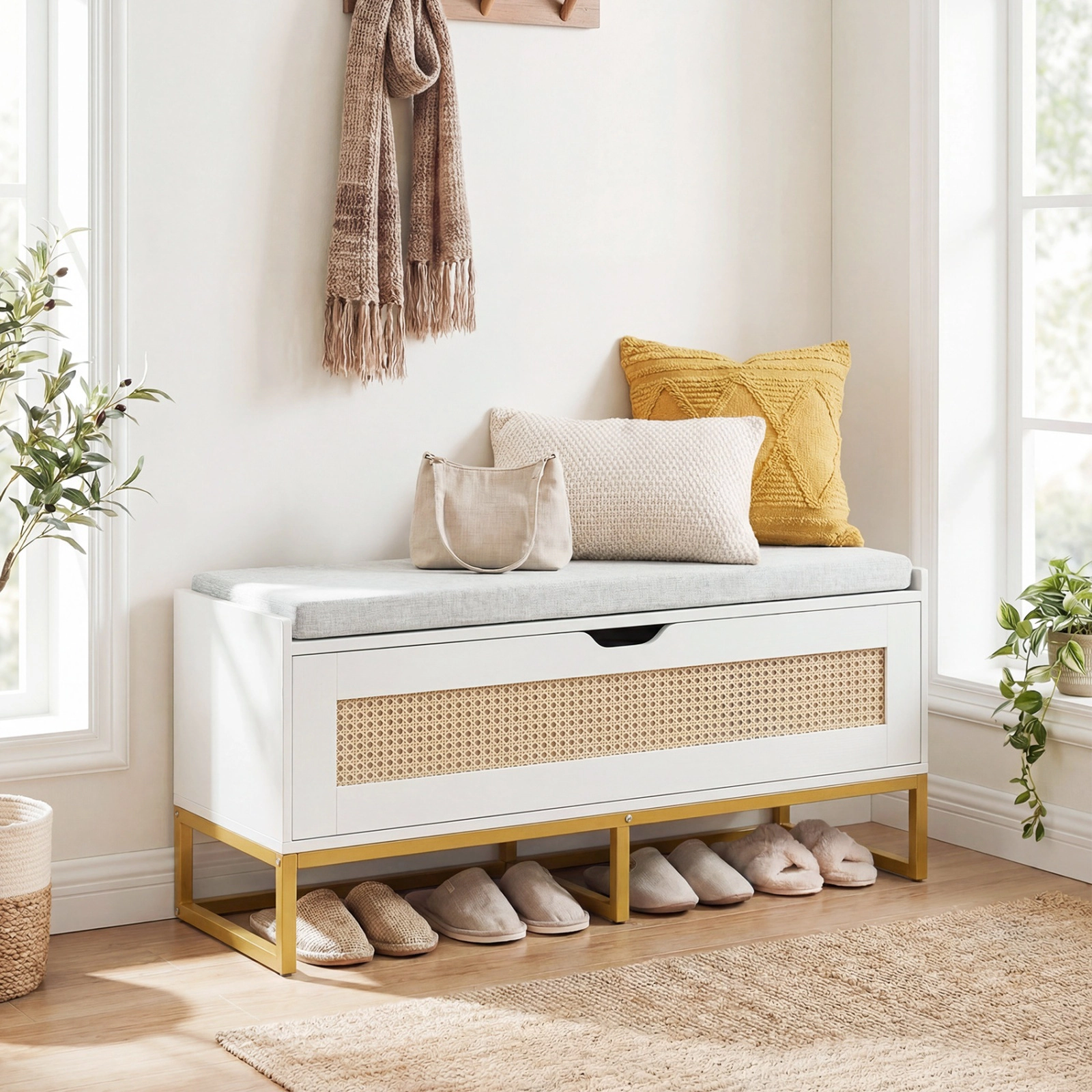 SUGIFT 39.5 Inch Rattan Storage Bench White Wicker Shoe Bench with Padded Flip-Top