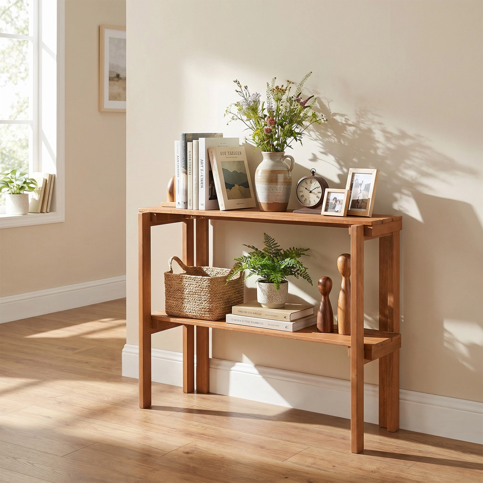 SUGIFT 2-Tier Folding Wooden Storage Shelves 22-lb Capacity per Shelf Plant Stand 29 x 13 x 24 in Natural