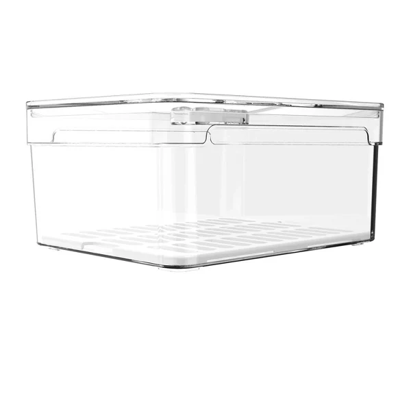 OU Fridge Organizer Bin w/ Vented Lid, Clear Stackable Refrigerator Storage Container w/ Drain Tray