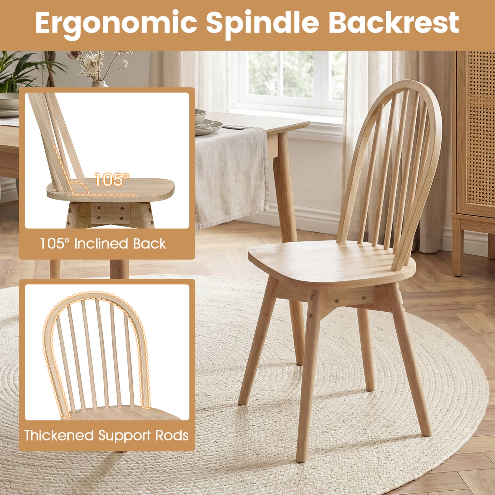 SUGIFT Swivel Windsor Dining Chairs 330-lb Capacity Natural/Walnut Set of 4
