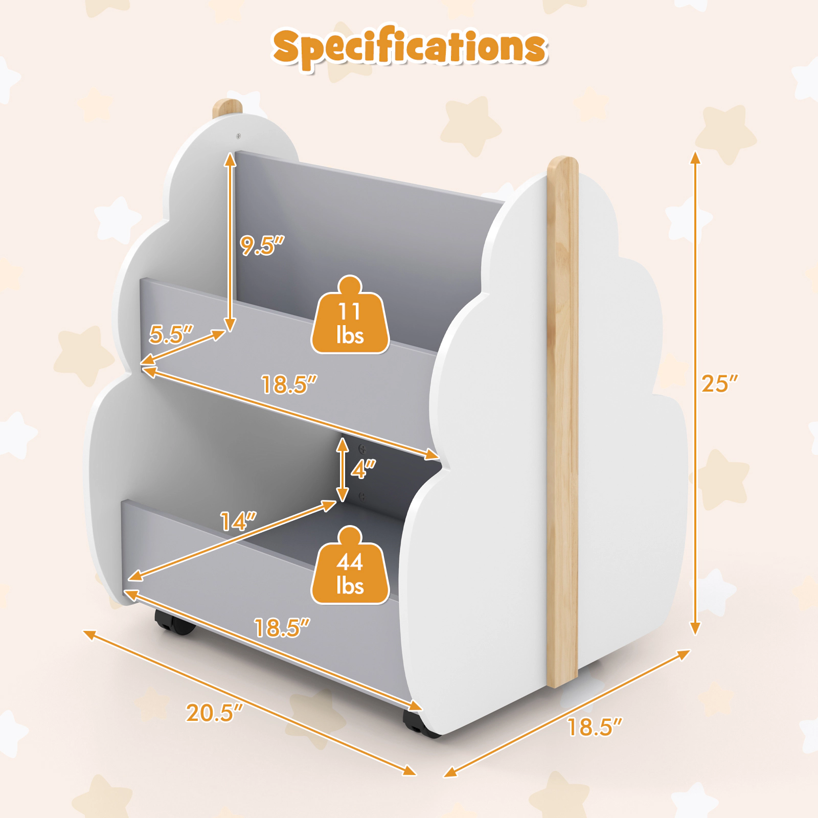 Hivvago Kids Wooden Bookshelf with Universal Wheels
