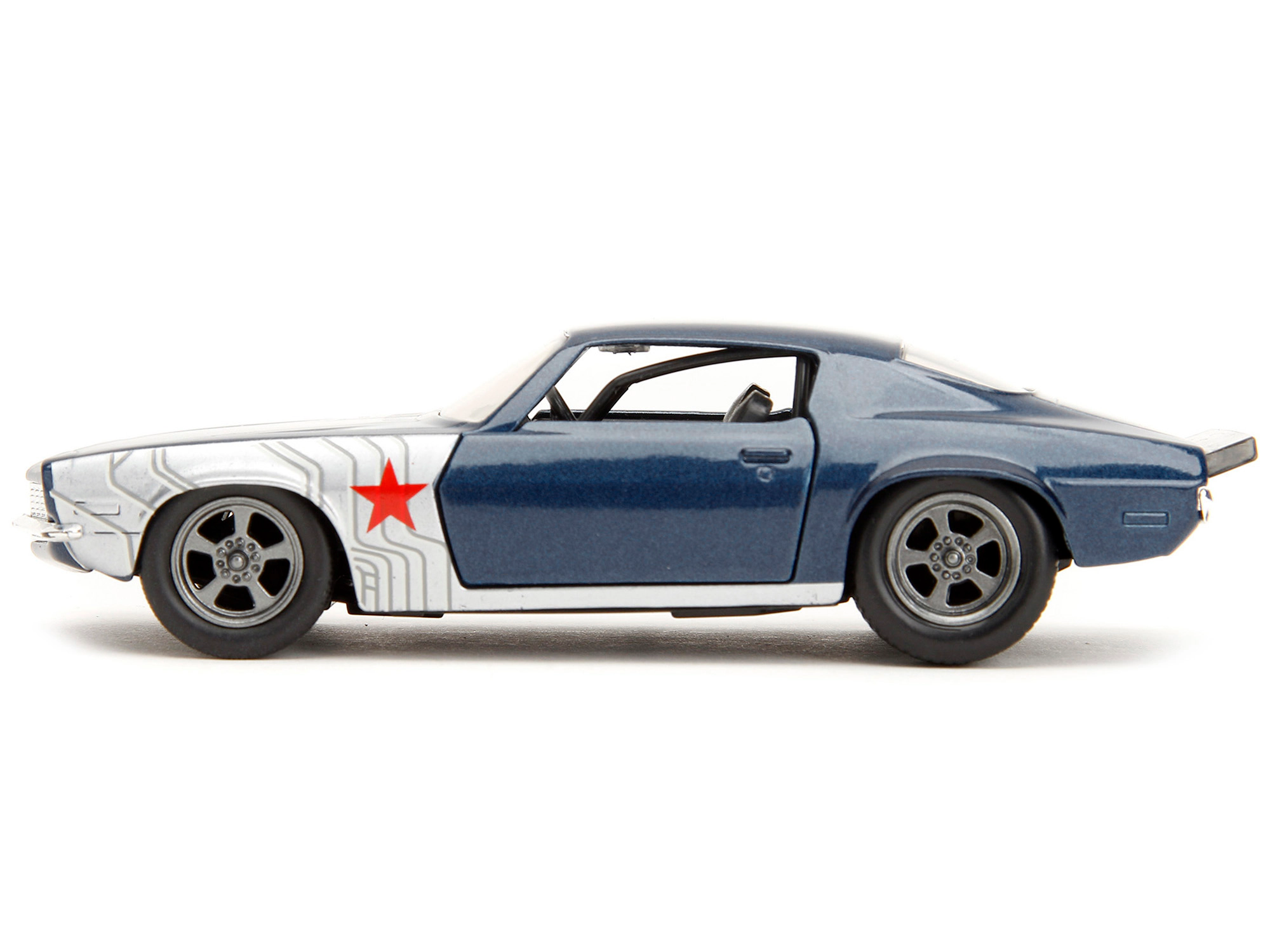 Jada 1973 Chevrolet Camaro Dark Blue Metallic with Gray Stripes and Winter Soldier Diecast Figure "Marvel