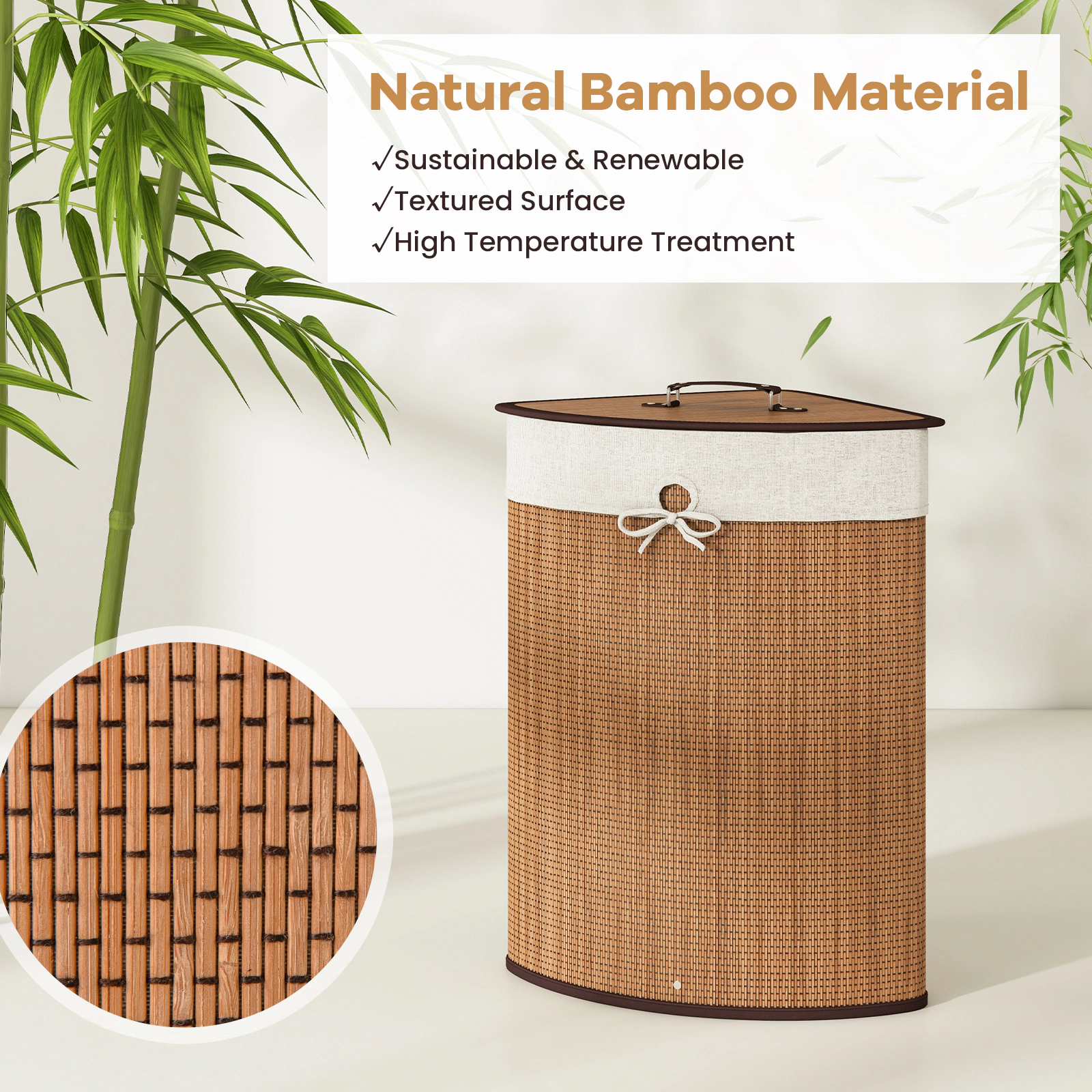 SUGIFT Folding Laundry Hamper Basket with Lid and Removable Liner Bag 58-L Capacity Black/Brown/Natural