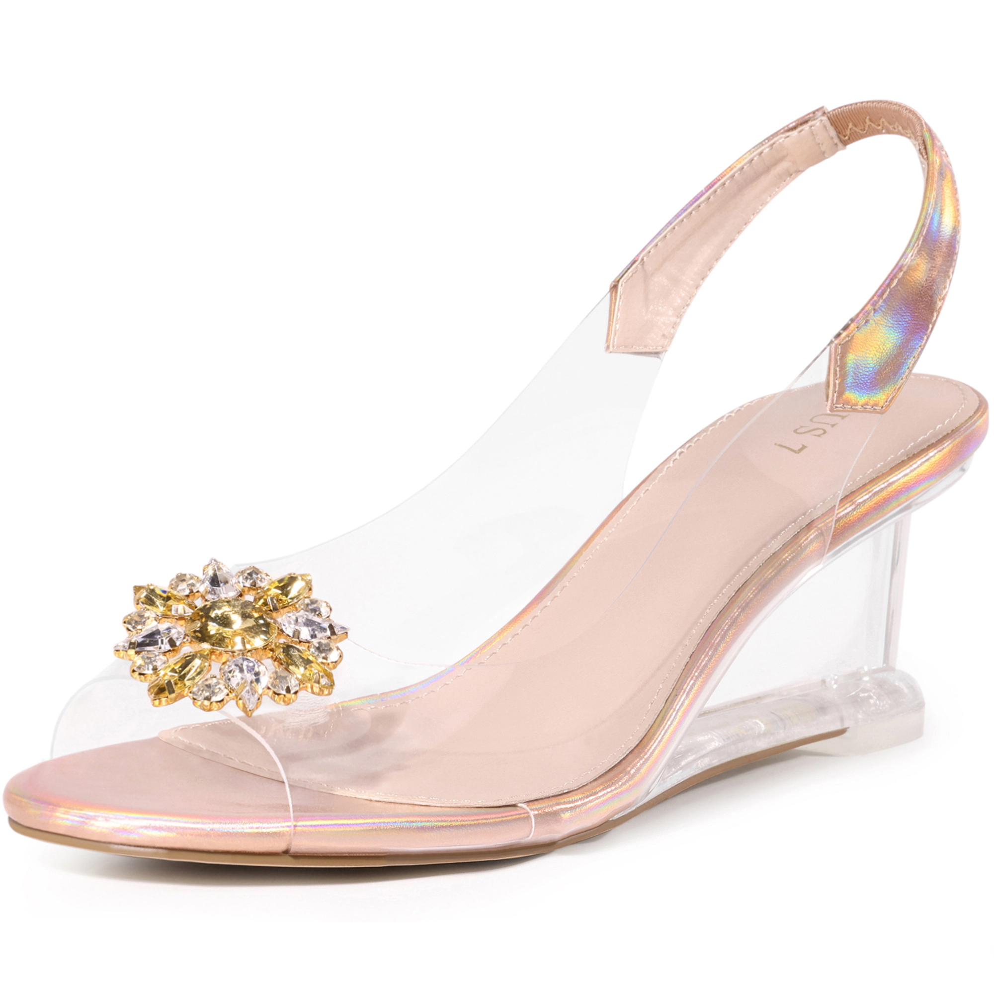 BLISSFUL STEP Women's Rhinestone Clear Peep Toe Wedge Heel Slingback Slip On Sandal