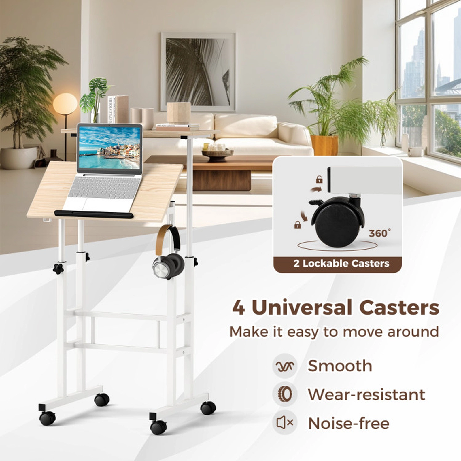 SUGIFT 2-Tier Split Top Adjustable Angle Mobile Standing Desk 24-in x 12-in x 28.5-in to 49-in 44-lb Capacity Natural