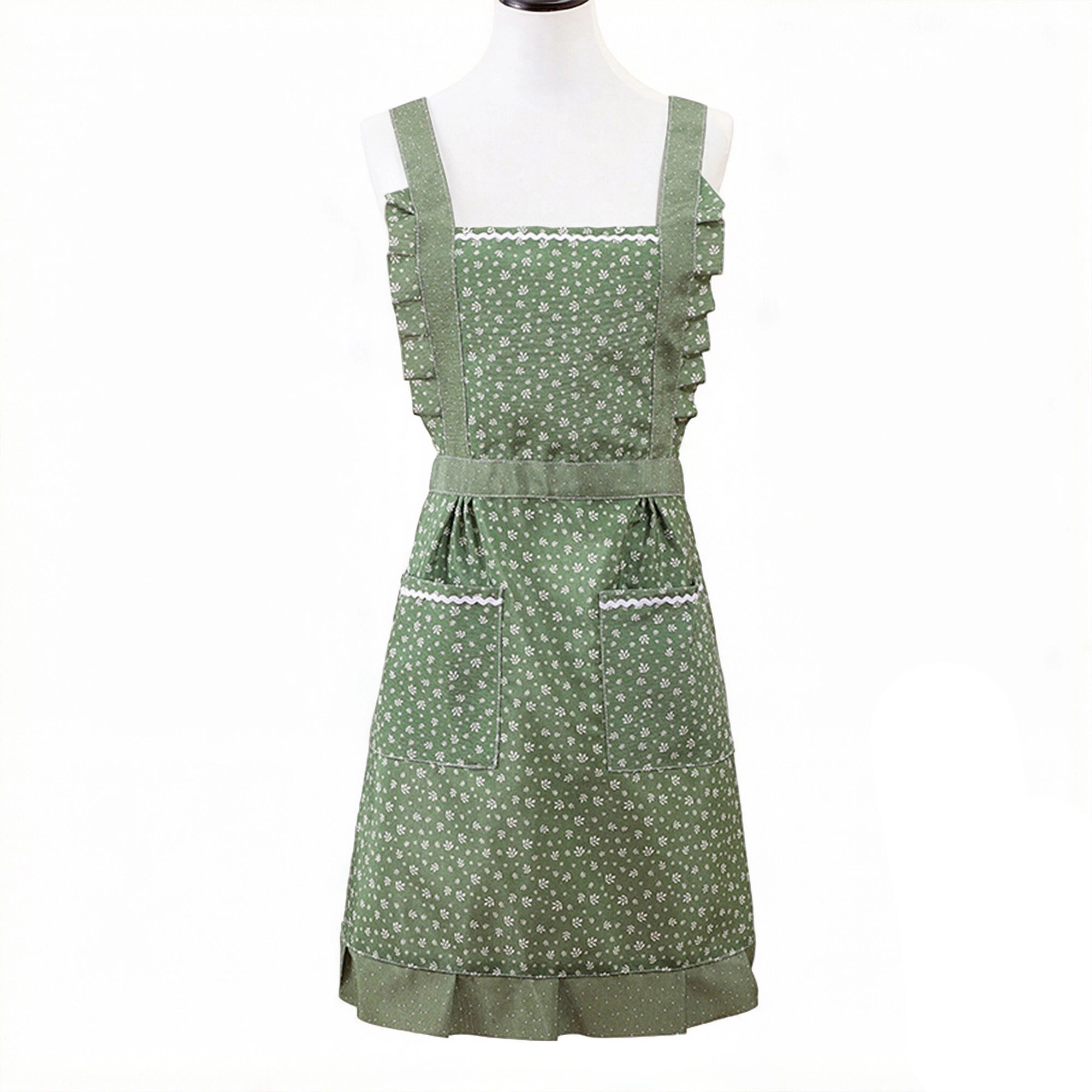 Alilang Unisex Floral Print Kitchen Apron with Ruffled Trim Adjustable Waist Ties and Front Pockets