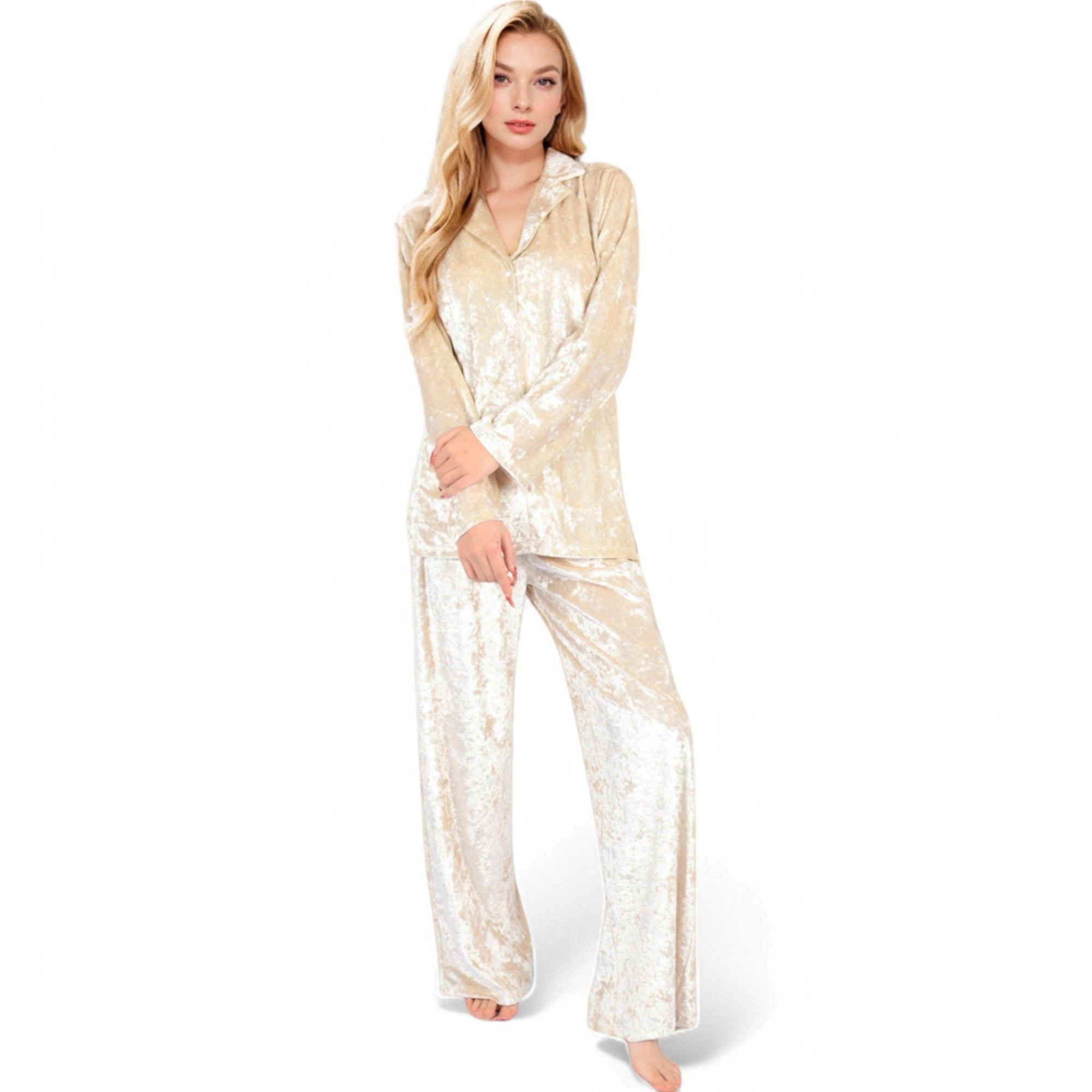 Anna-Kaci Women's Crushed Velvet Lounge Set with Button Up Long Sleeve Top and Wide Leg Pants