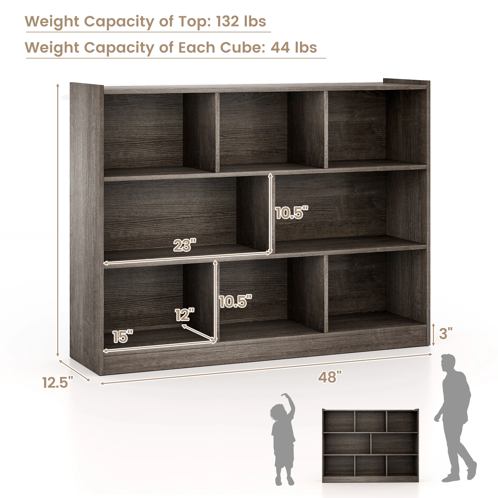 SUGIFT 3-Tier 8-Cube Open Bookcase Storage Shelves Display Cabinet 132-lb Top 44-lb Cube Capacity 48-in Wide