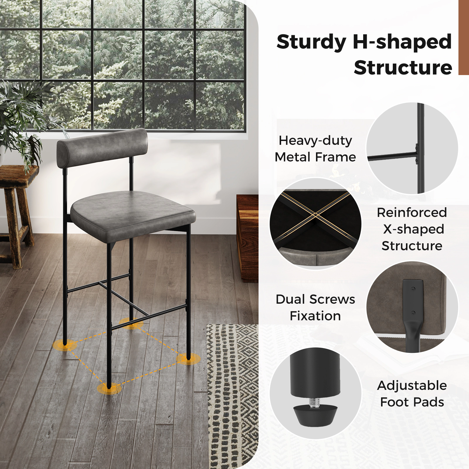 SUGIFT 26-in Seat Height Upholstered Counter Height Bar Stools 400-lb Capacity with Backrest Gray + Black