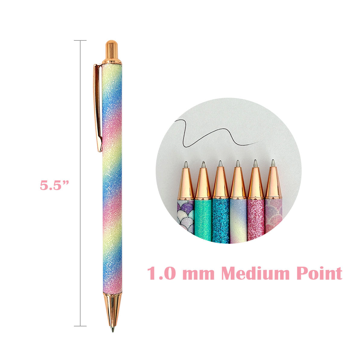 Wrapables Glitter Ballpoint Pens for Women, 1.0mm Medium Point Retractable Metal Pens, Set of 6