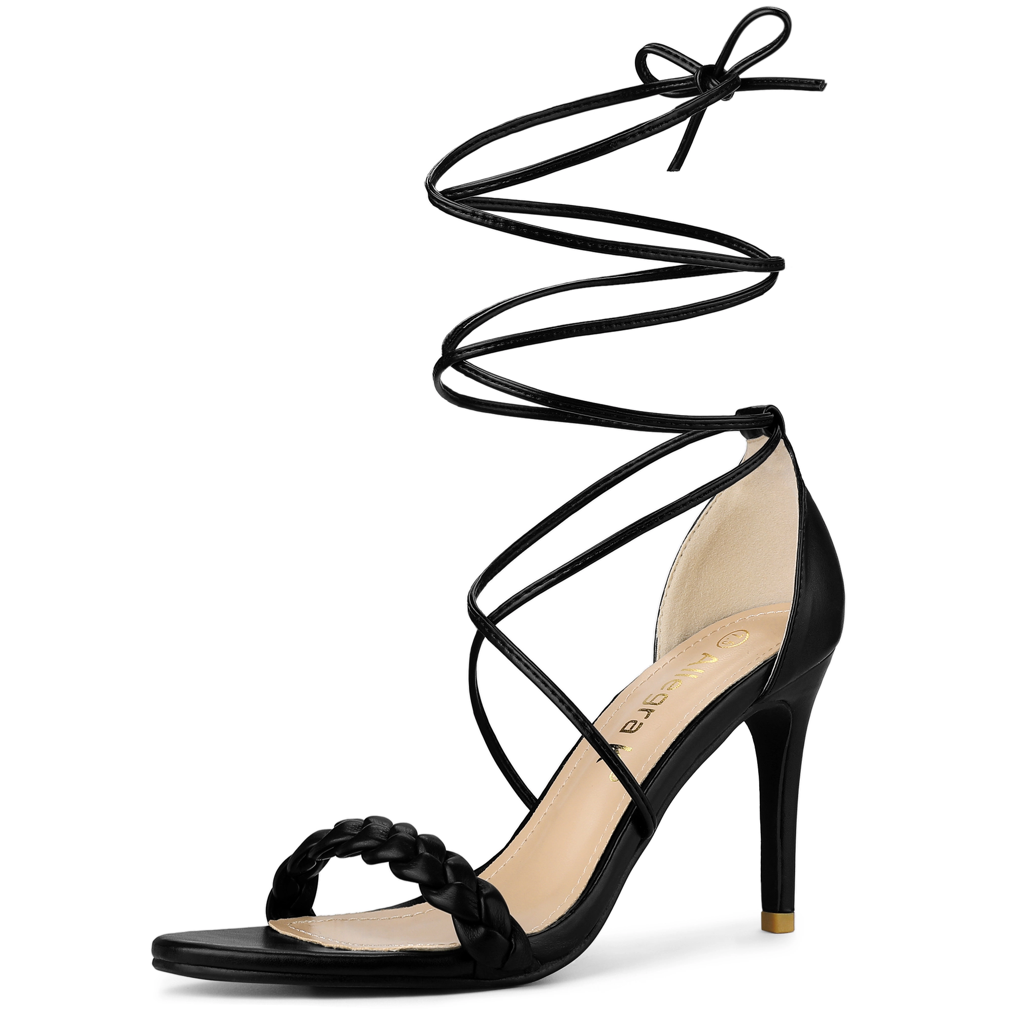 BLISSFUL STEP Women's Woven Strap Lace Up Strappy Stiletto Heel Open Toe Sandals