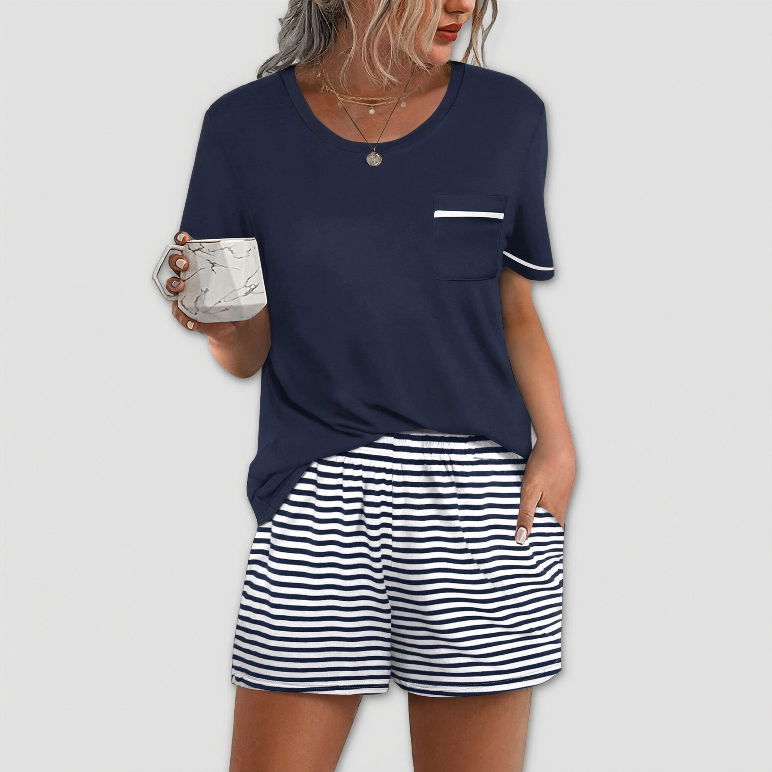 Ekouaer Womens Pajamas Sets Shorts 2 Piece Short Sleeve Lounge Sets Round Neck Sleepwear Soft Pjs
