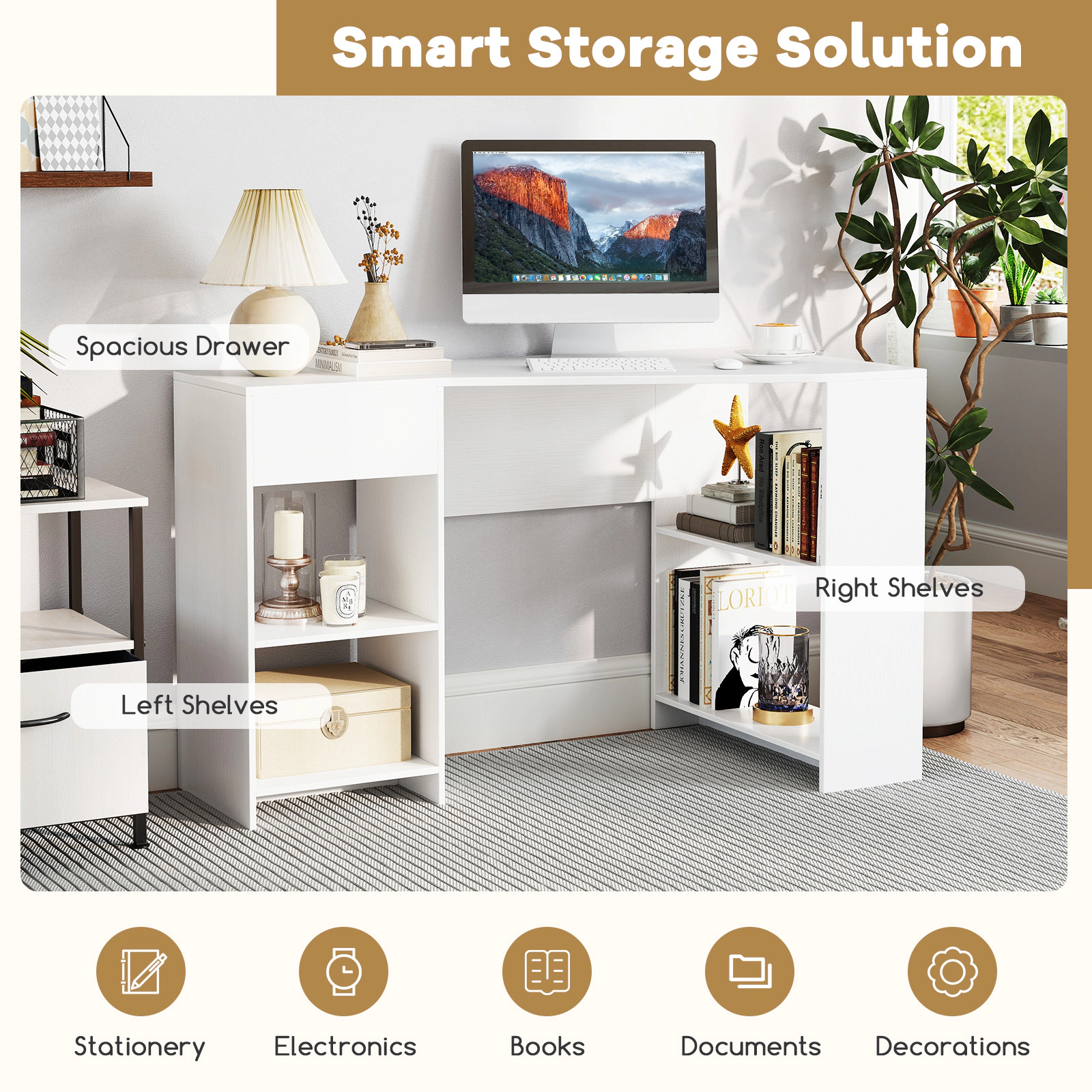 SUGIFT 48 in L Shaped Corner Desk White Executive Computer Desk with Drawer and Shelves
