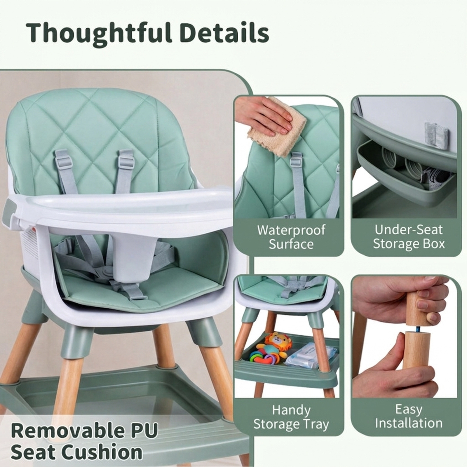 SUGIFT 9-in-1 Convertible High Chair for Babies and Toddlers 66-lb Capacity Ages 6 Months-3 Years Green