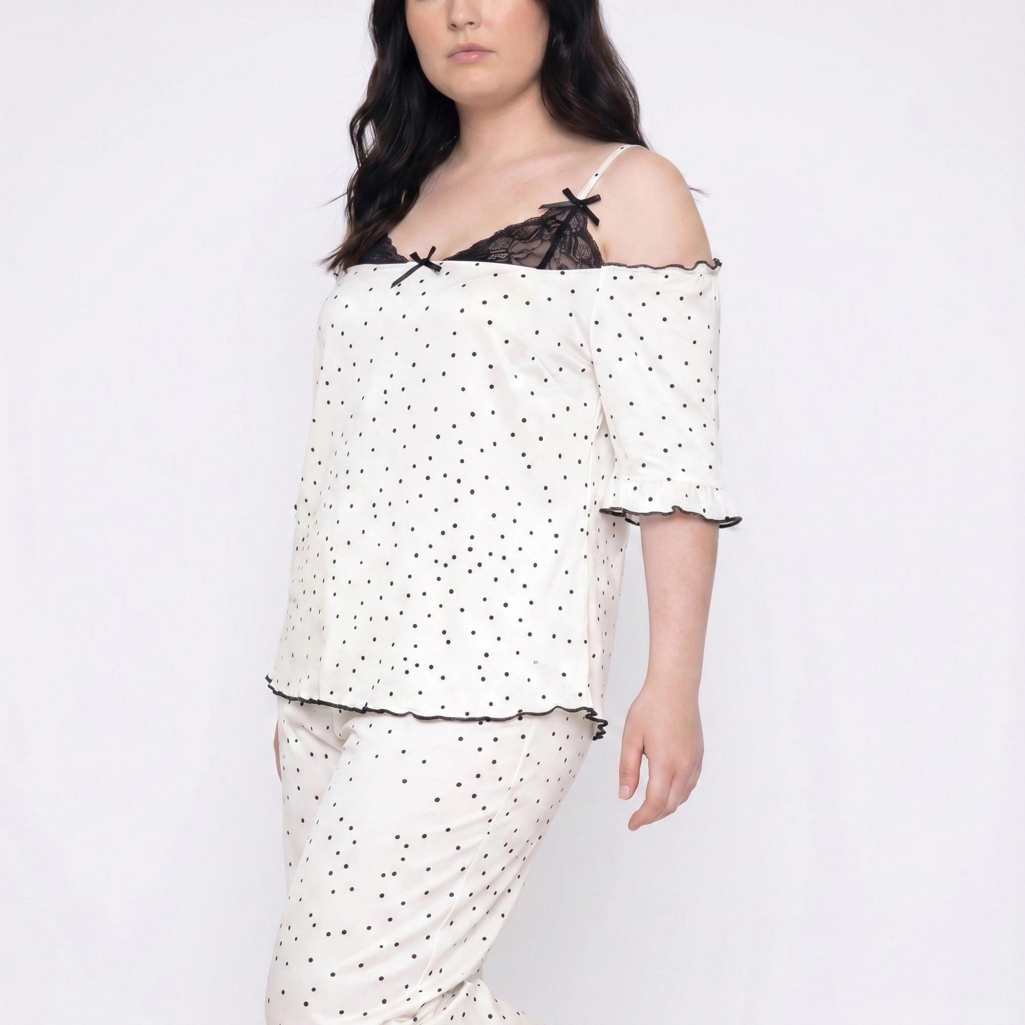 Anna-Kaci Women's Plus 2-Piece Polka Dot Off Shoulder Pajama Top and Wide Leg Pants Sleepwear Lounge Set