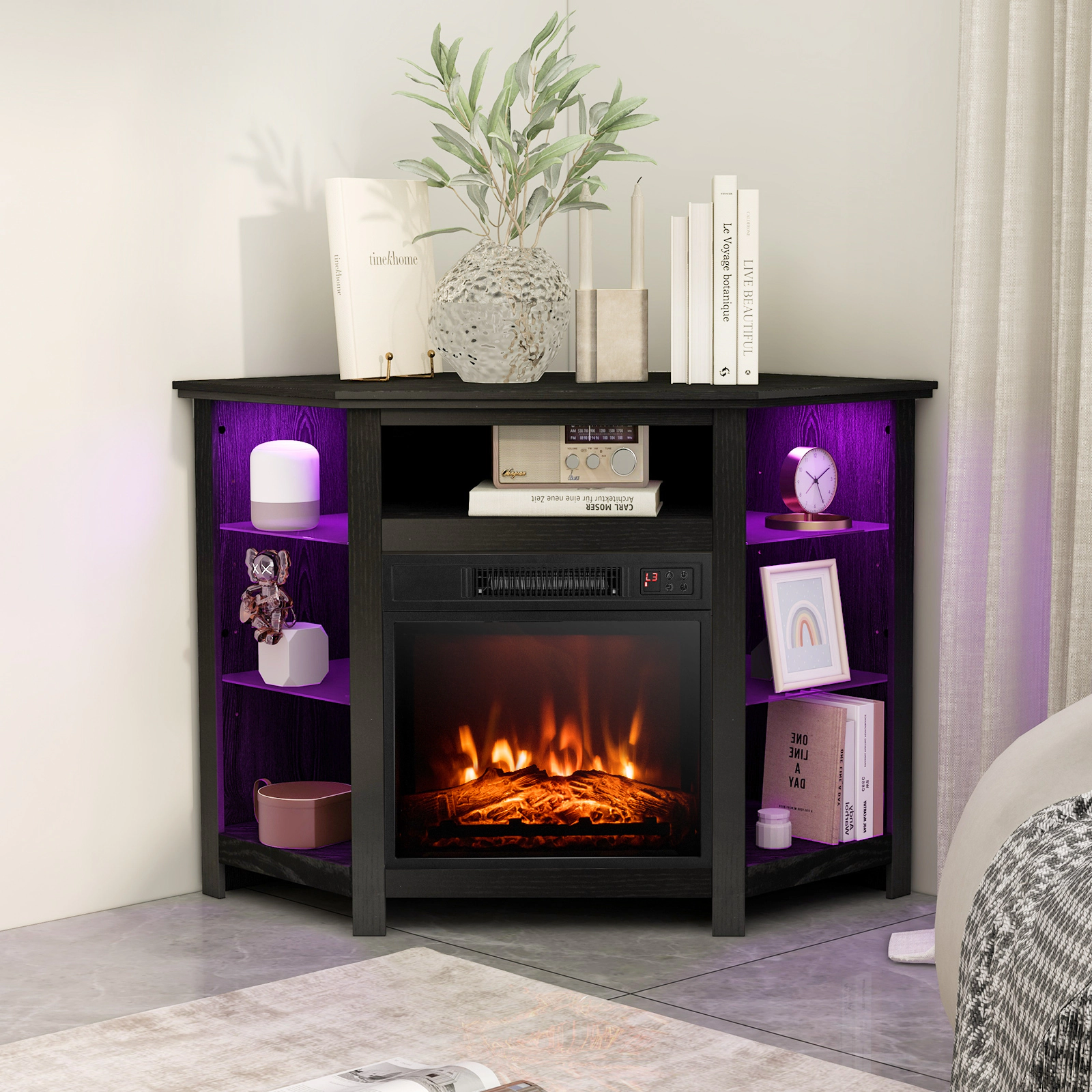 SUGIFT 45-in Corner Fireplace TV Stand with LED Lights & Smart APP Control 44-lb Countertop Capacity for 50-in TV Black