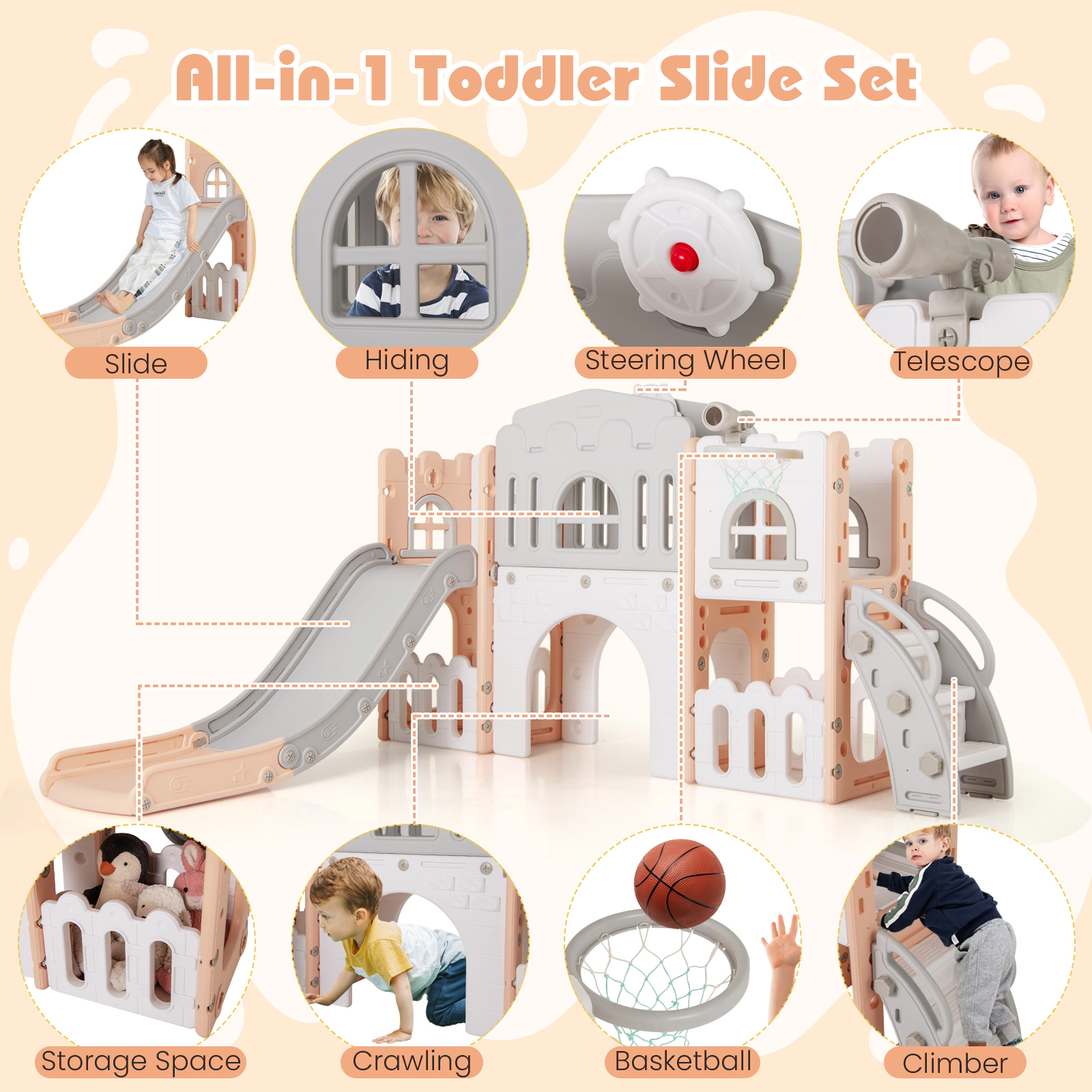 SUGIFT Pink Tunnel Climber and Basketball All-in-1 Toddler Slide Playset Indoor Playground