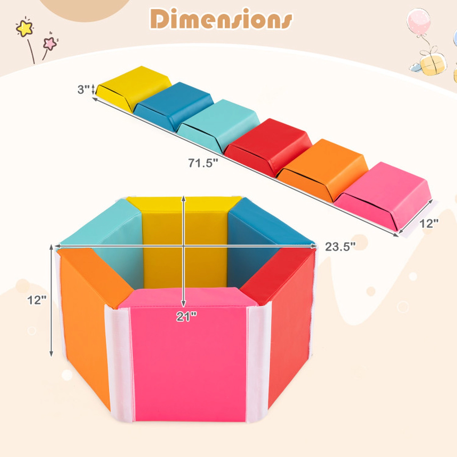 SUGIFT 6-Piece Hexagon Foam Ball Pit and Kids Exercise Mat with Detachable PU Covers and Crawl Tunnel