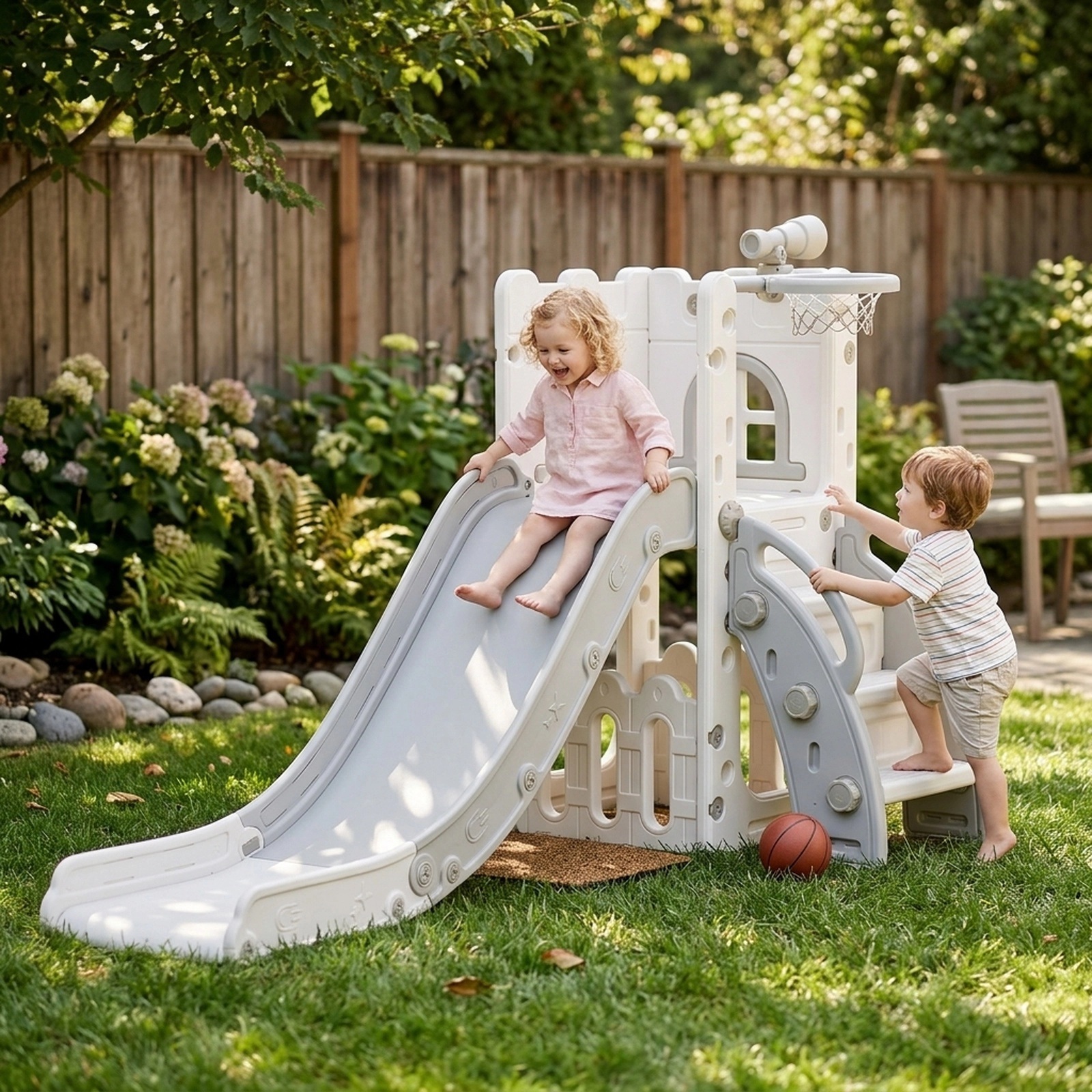 6-in-1 Toddler Slide L-Shaped Playground 51-in Slide Enclosed Non-Slip Steps Basketball Hoop 110-lb Ages 1-3 Gray