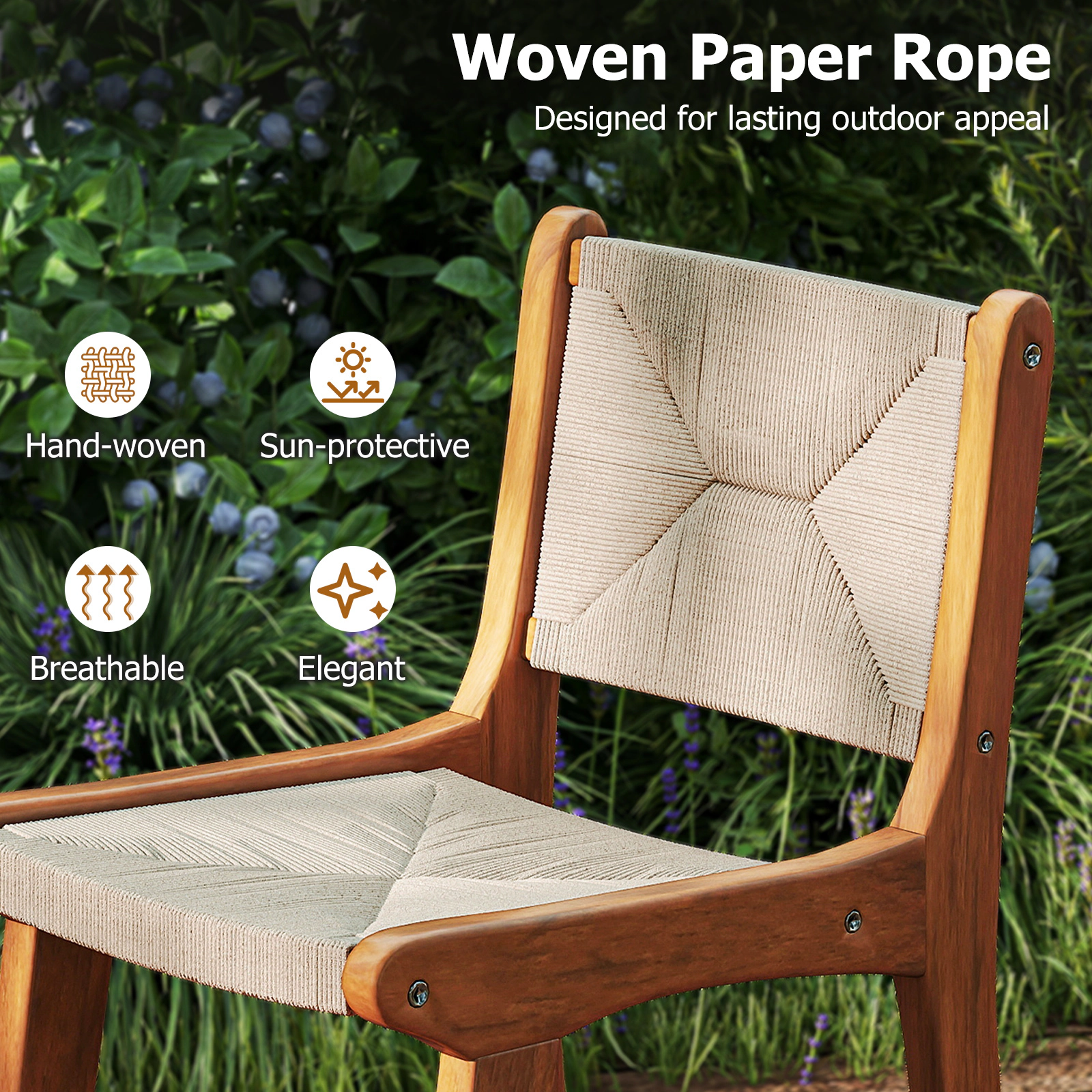 SUGIFT Set of 4 Outdoor Counter Height Bar Stool Bar Set with Woven Paper Rope Seat 400-lb Capacity 26-in Seat Natural