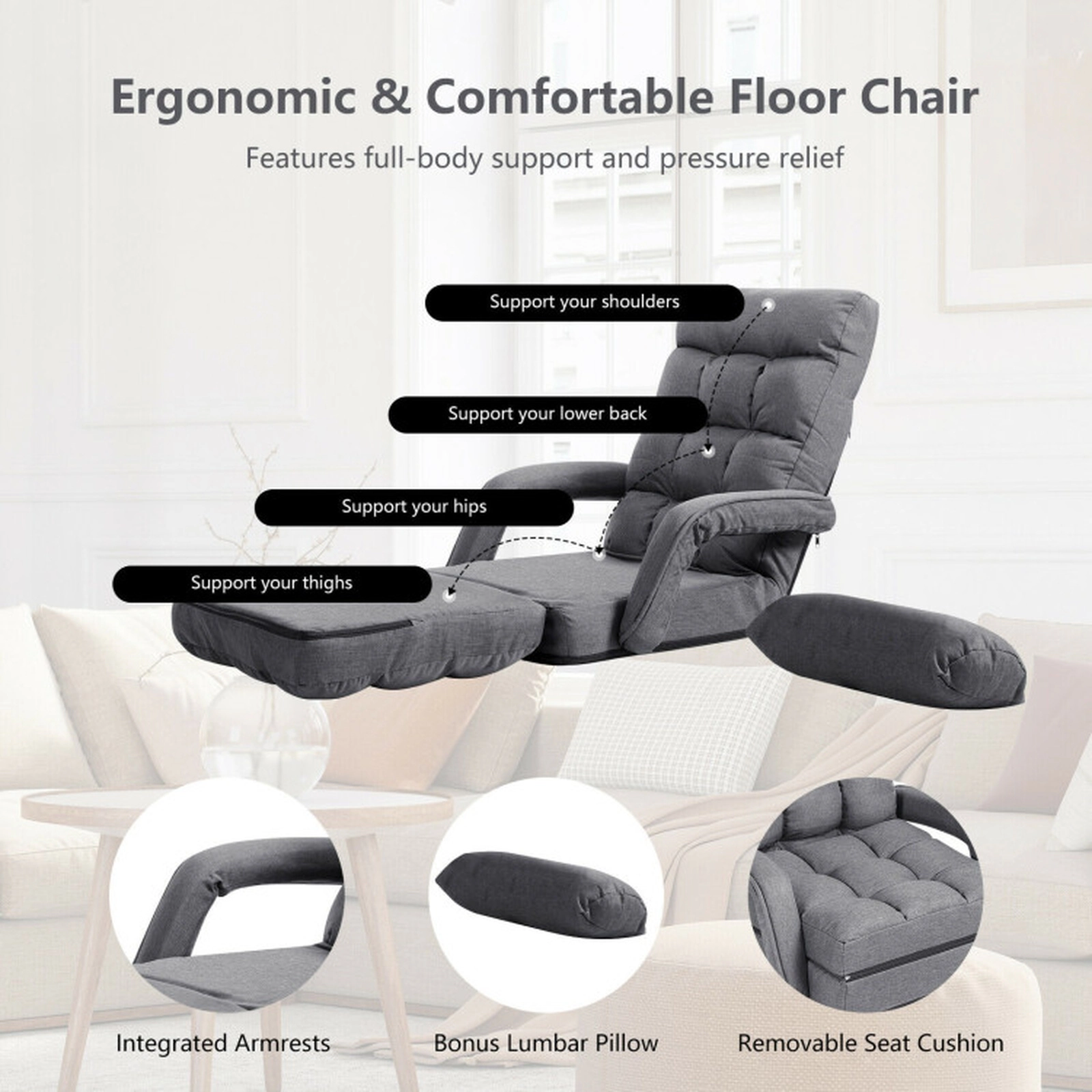 SUGIFT 6-Position Adjustable Gray Folding Floor Chair Sofa with Armrests Lumbar Pillow and Removable Cushion