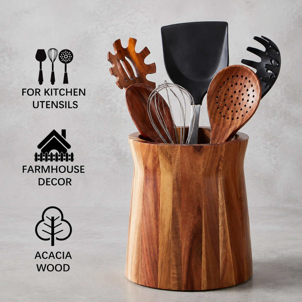 WZK 360 Degree Rotating Wooden Farmhouse Kitchen Utensil Holder