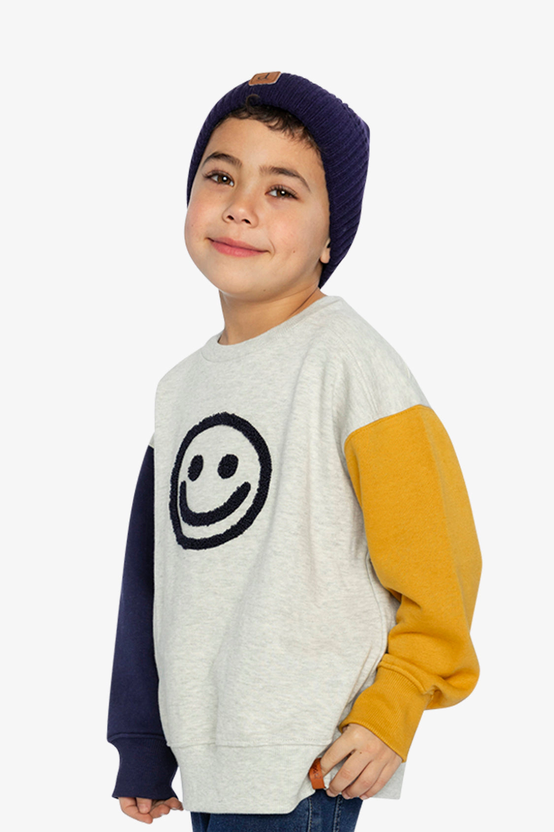 Deux par Boys Fleece Raglan Sleeve Sweatshirt with Smiley Face Graphic