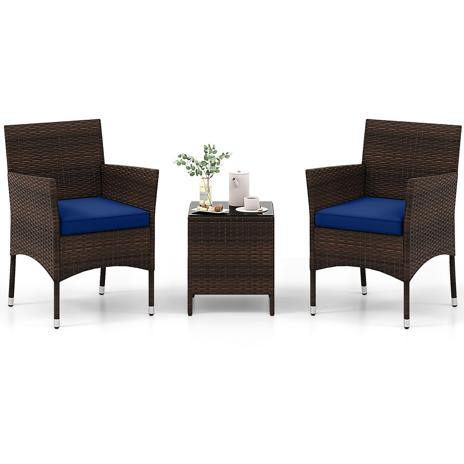 SUGIFT Outdoor Conversation Set Cushioned Seats & Glass Tabletop 400-lb Chair Capacity Mix Brown Rattan Navy Cushions