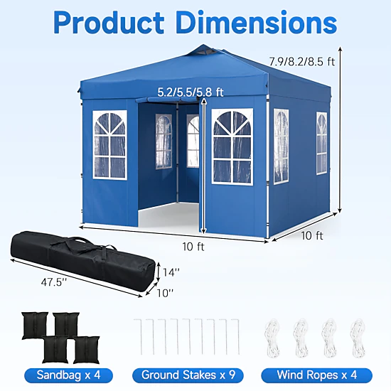 LJG 10 x 10 FT Pop up Canopy Tent with 4 Sidewalls and Adjustable Height Waterproof