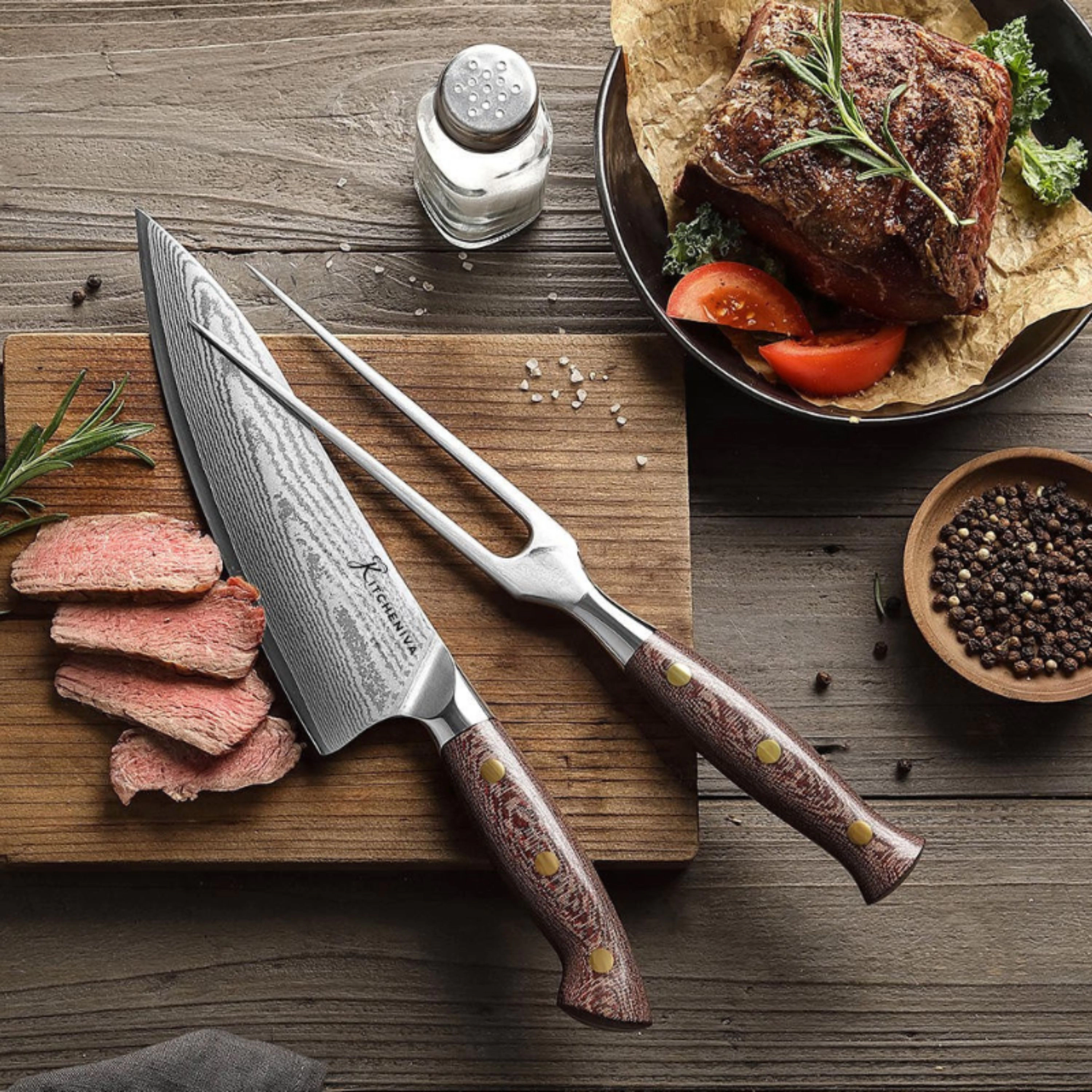 Kitcheniva 8-Inch 67 Layer Damascus Steel Chefs Knife And 5" Carving Fork With Micarta Handle