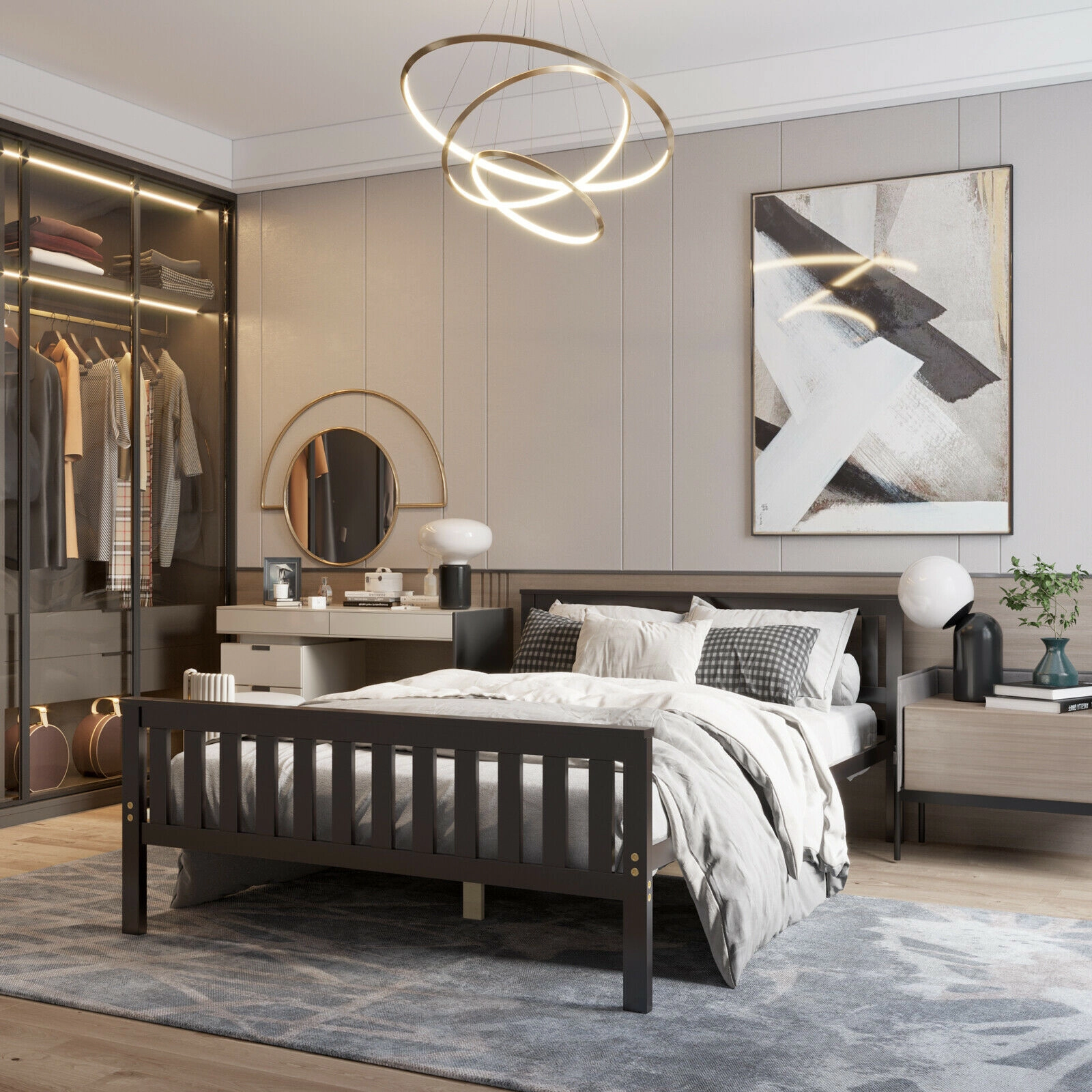 LJG Wood Platform Bed with Headboard