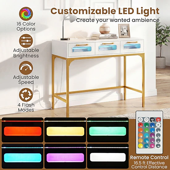 Hivvago Console Table With Led Lighting And Charging Station For Living Room And Hallway