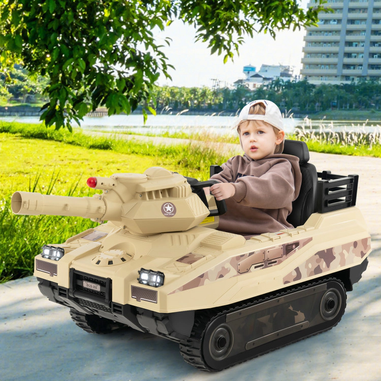 Hivvago 12V Electric Kids Ride On Tank with Rotatable Turret and 8 Missiles for Kids Aged 37-95 Months Old