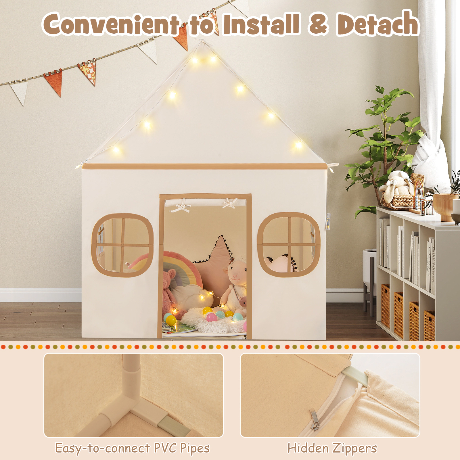 Kids Play Tent Large Indoor Playhouse for 3 Kids with Door Curtain Breathable Windows Star Lights Coffee