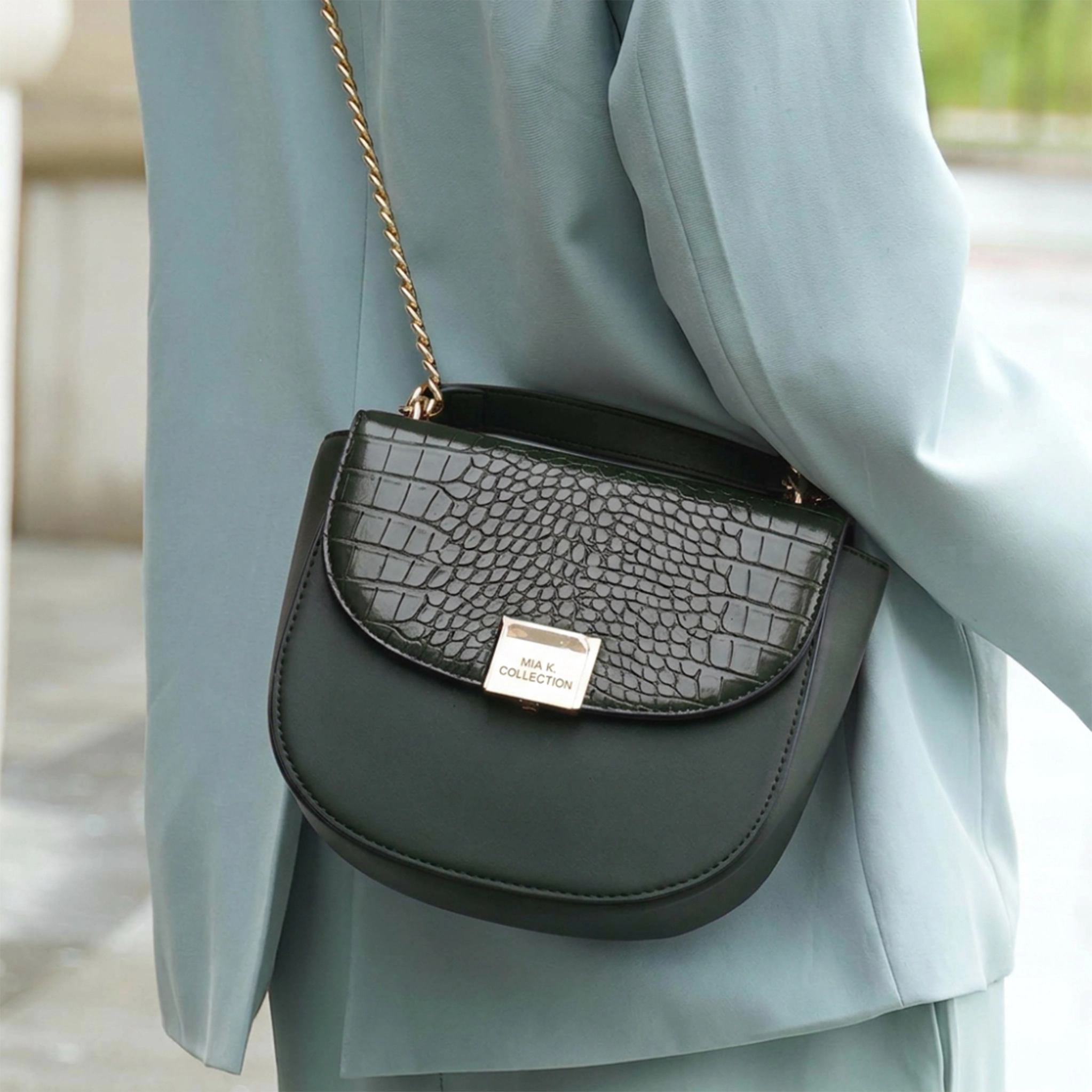 Mia K Collection Brooklyn Vegan Leather Shoulder Bag - Crocodile-Embossed Flap, Gold Chain Strap