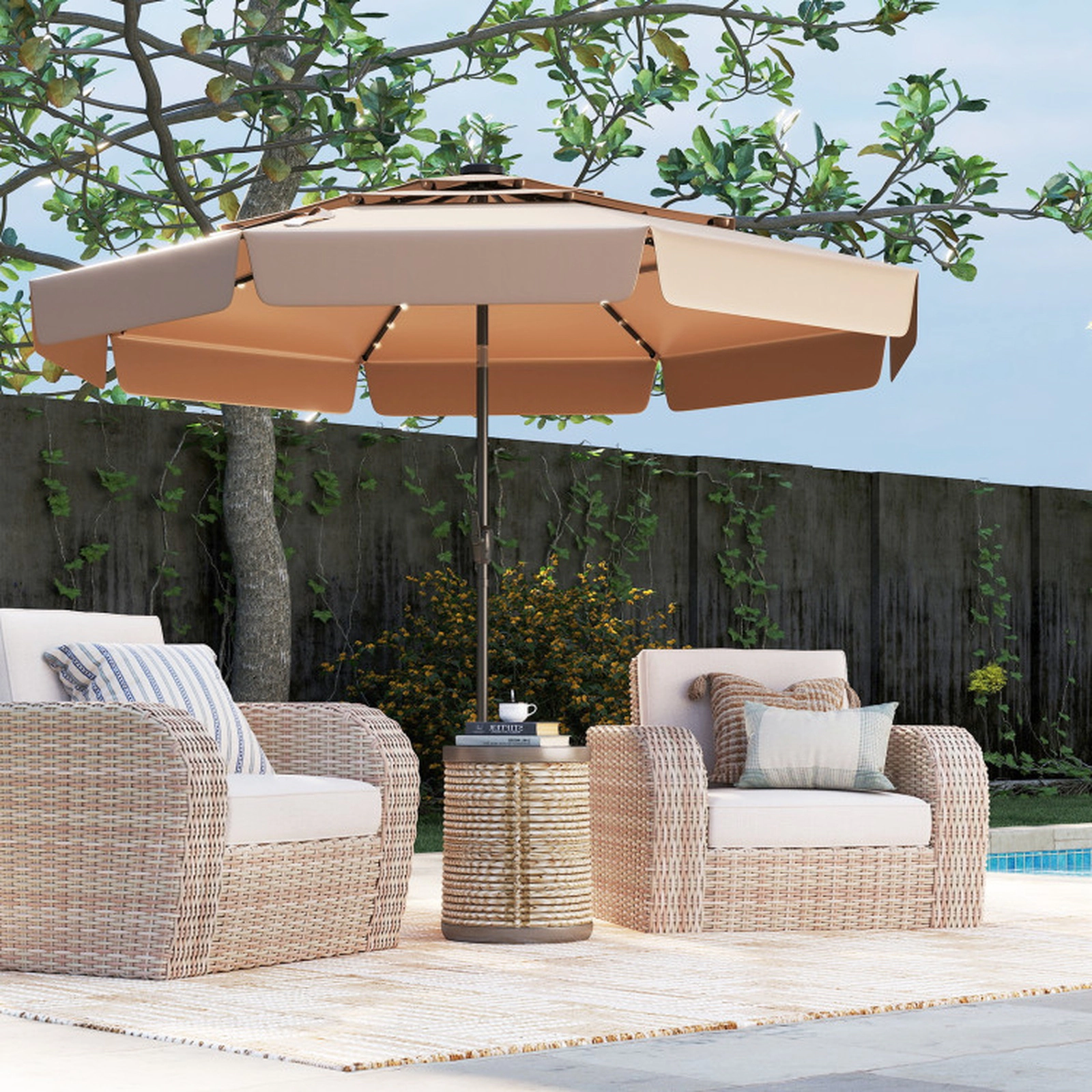 SUGIFT 3-Tier Vented Solar Patio Umbrella with LED Lights 10-ft Polyester Canopy 10 x 8.1 in Taupe