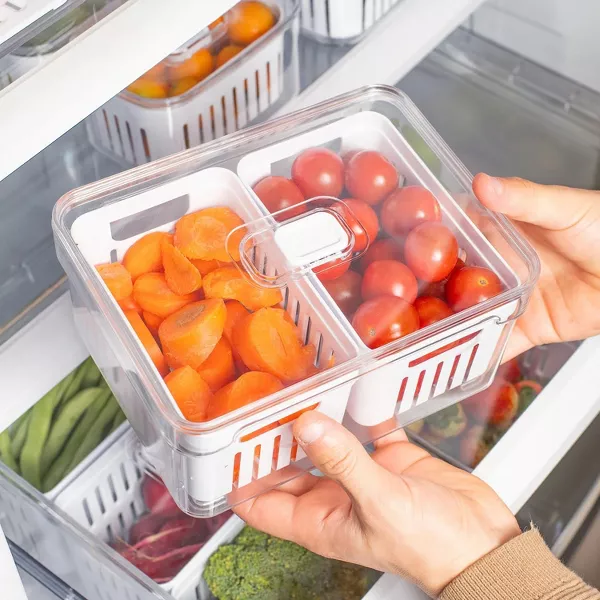 OU Fridge Organizer Bins w/ Drain Baskets & Vented Lid, Clear Stackable Refrigerator Storage Container, BPA Free, 4 Pack